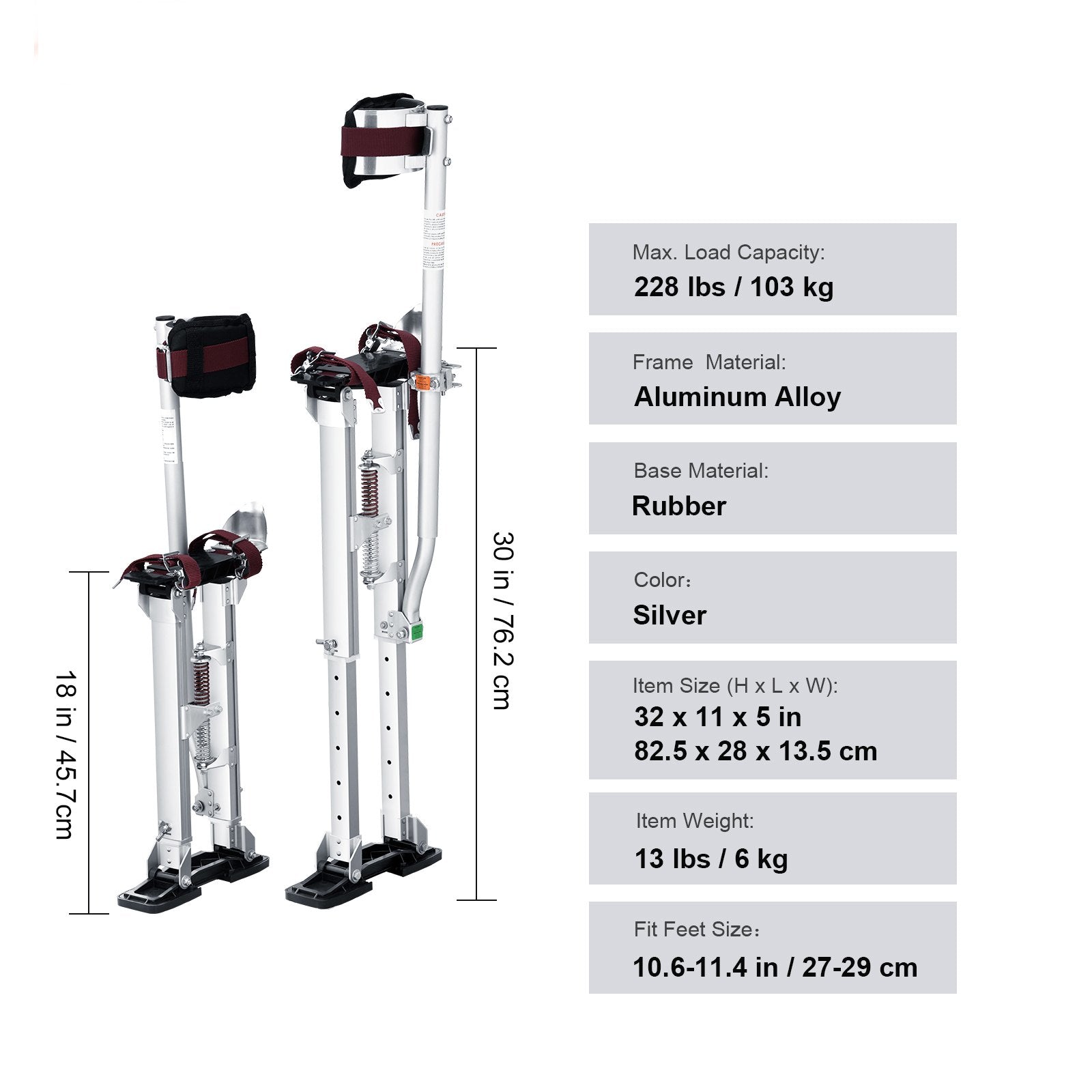 Adjustable Aluminum Drywall Stilts 45.7-76.2 cm with Knee Pads Silver