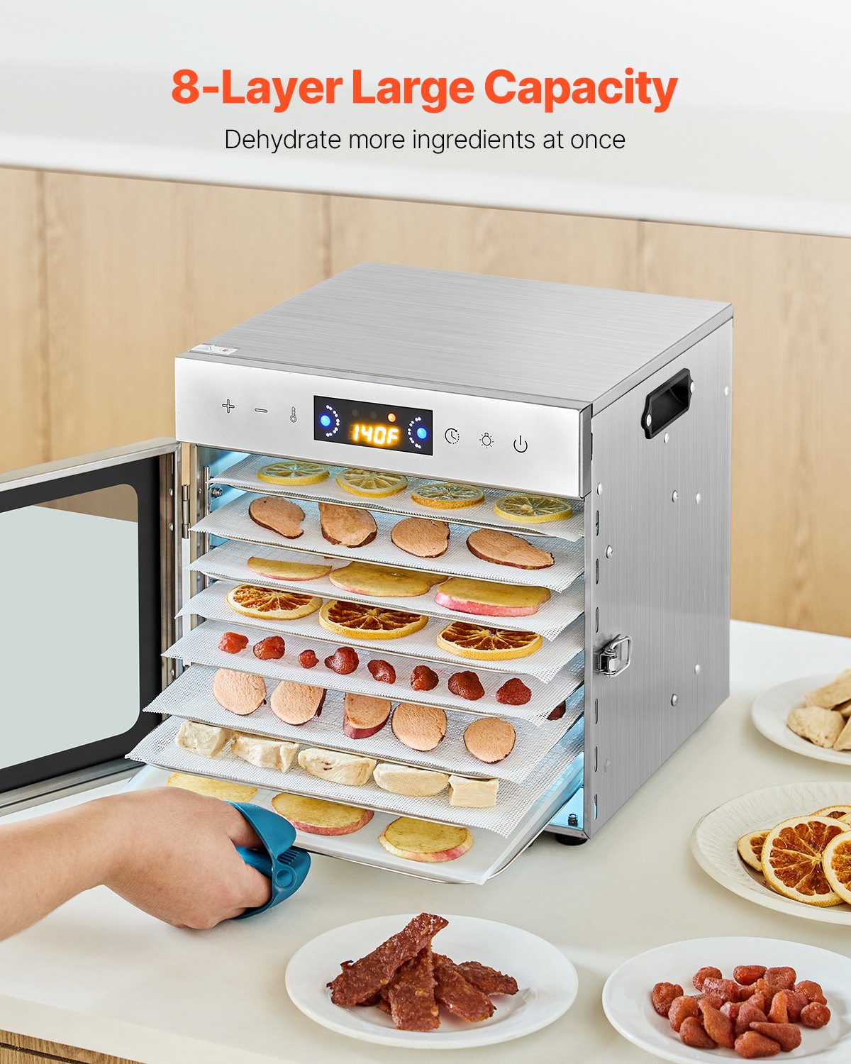 Food Dehydrator 8 Stainless Steel Trays 400W Electric Adjustable Temp 24-Hour