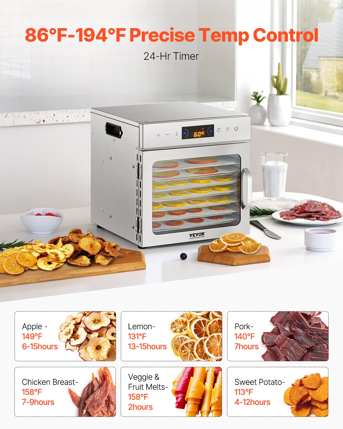 Food Dehydrator 8 Stainless Steel Trays 400W Electric Adjustable Temp 24-Hour
