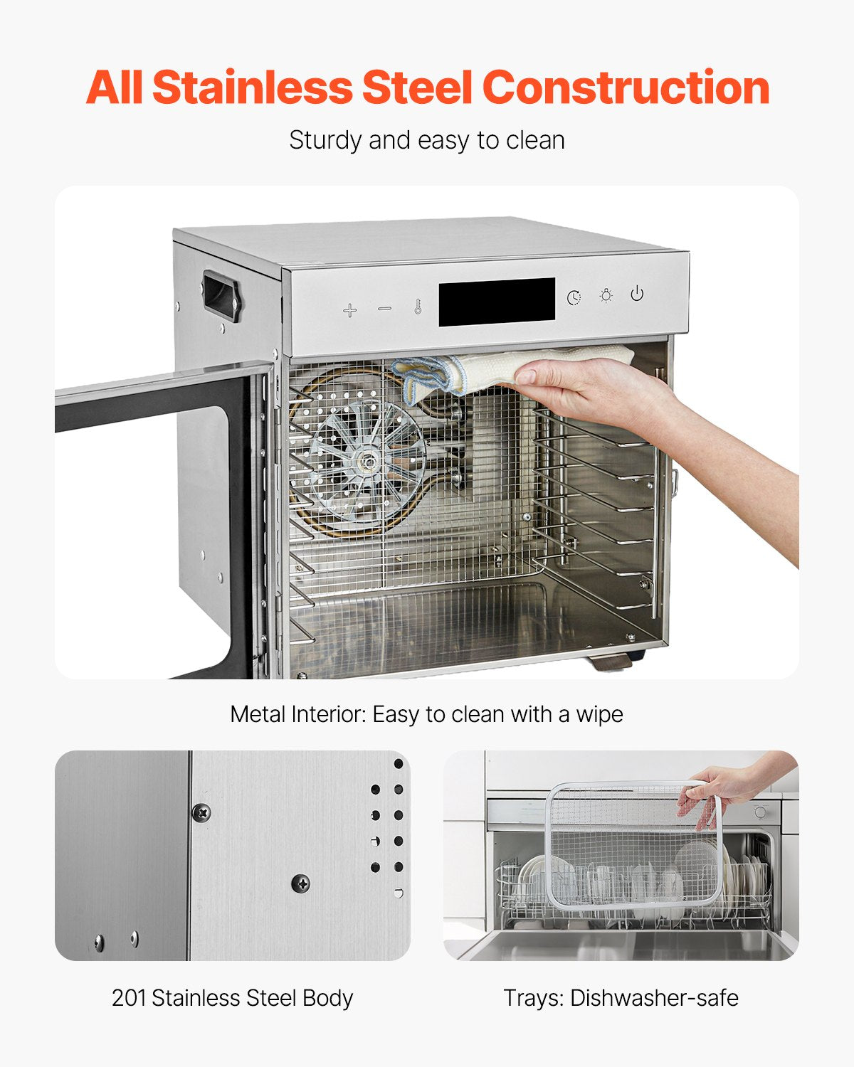 Food Dehydrator 8 Stainless Steel Trays 400W Electric Adjustable Temp 24-Hour