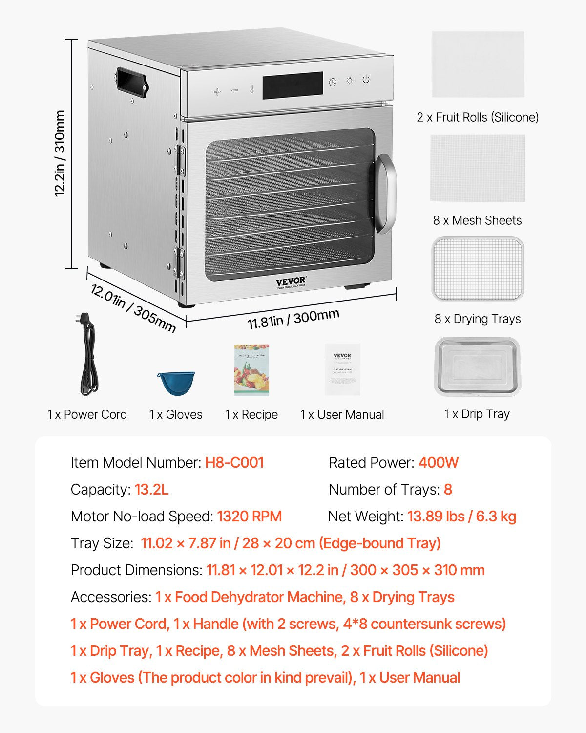 Food Dehydrator 8 Stainless Steel Trays 400W Electric Adjustable Temp 24-Hour
