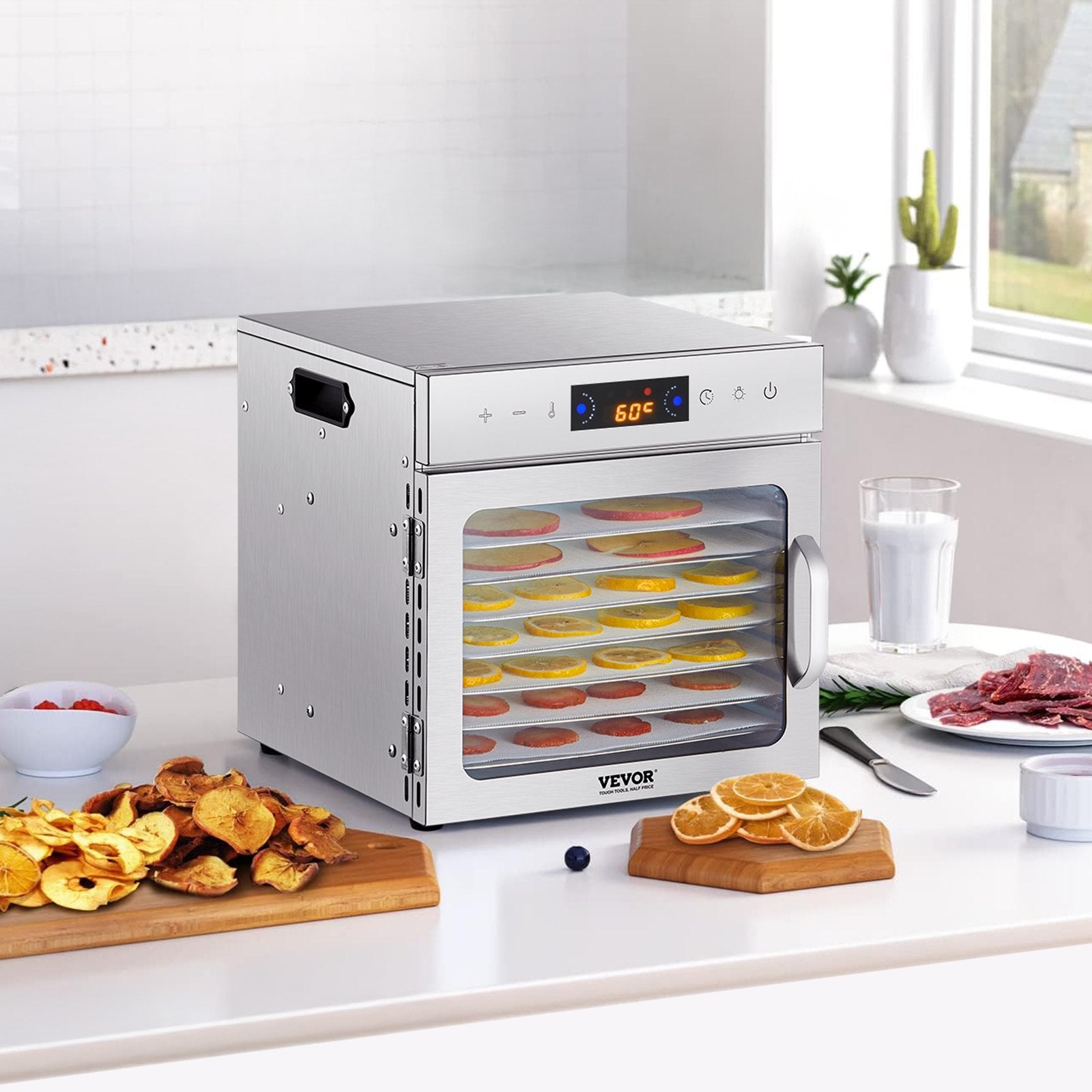 Food Dehydrator 8 Stainless Steel Trays 400W Electric Adjustable Temp 24-Hour