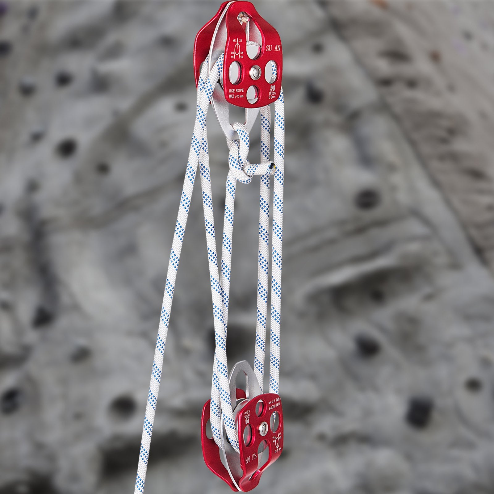 Twin Sheave Block and Tackle 1/2" x 200' Double Pulley with Rope 30–35KN