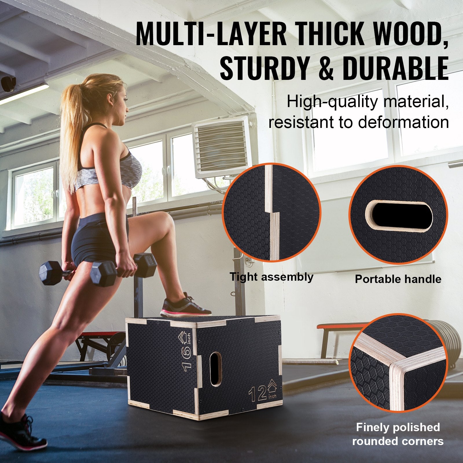 Plyometric Jump Box 3-in-1 Agility Step Up Anti-Slip Wooden 16/14/12in