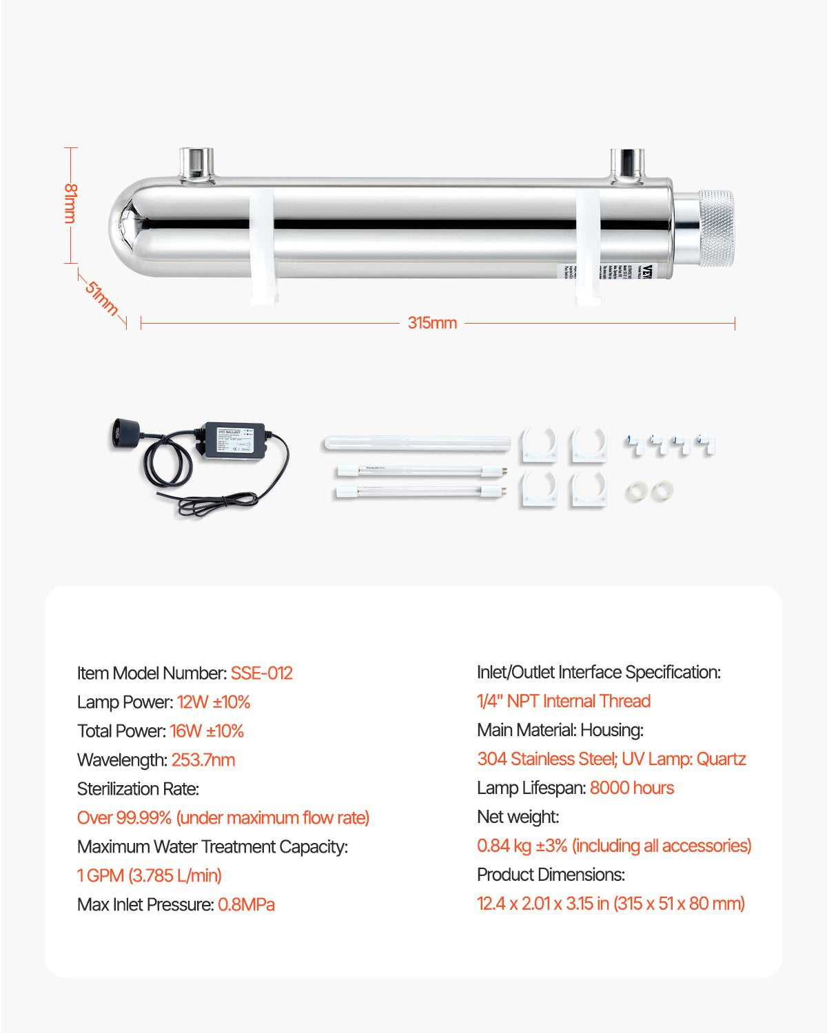 UV Water Purifier 12W 1GPM 220V Stainless Steel Whole House Filter