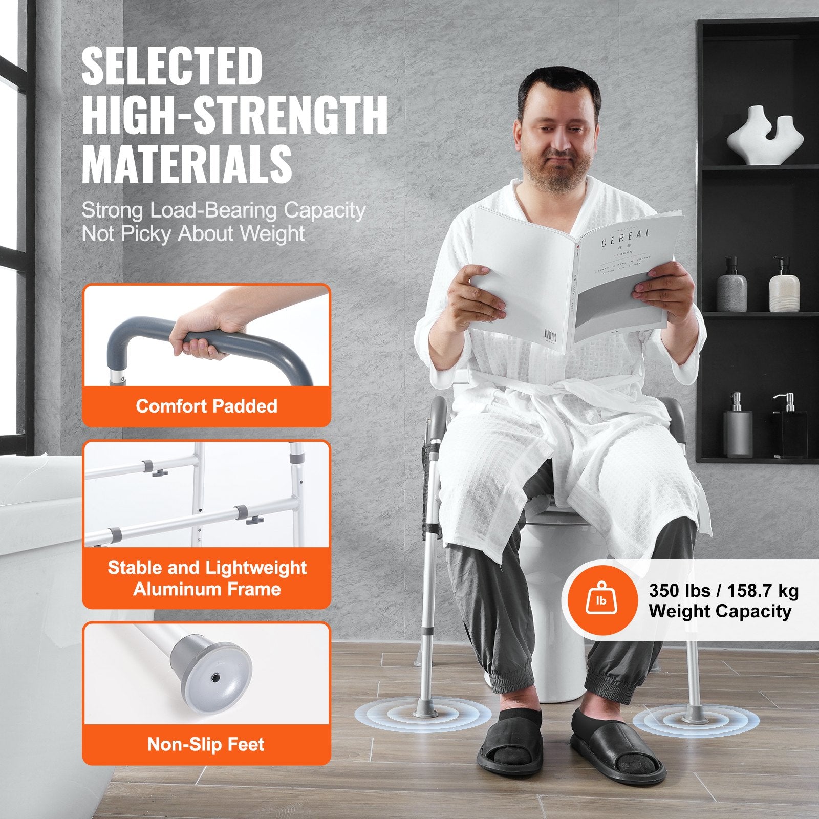 Raised Toilet Seat 7-Position 655-805mm Padded Aluminum Frame 158.7kg Capacity