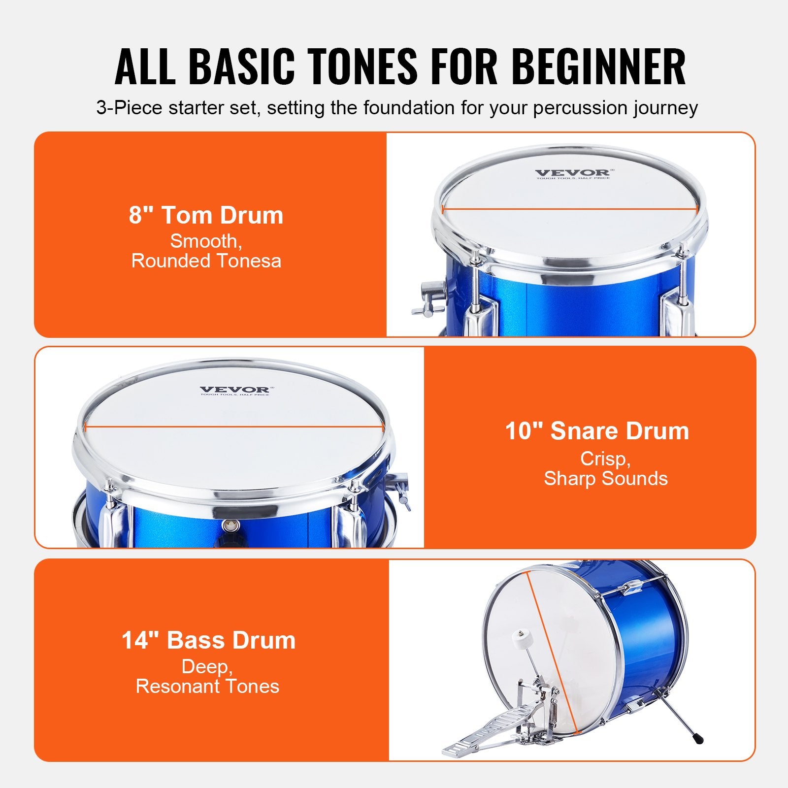 Kids Drum Set 3-Piece 355.6mm Beginner Kit Throne Cymbal Pedal Drumsticks