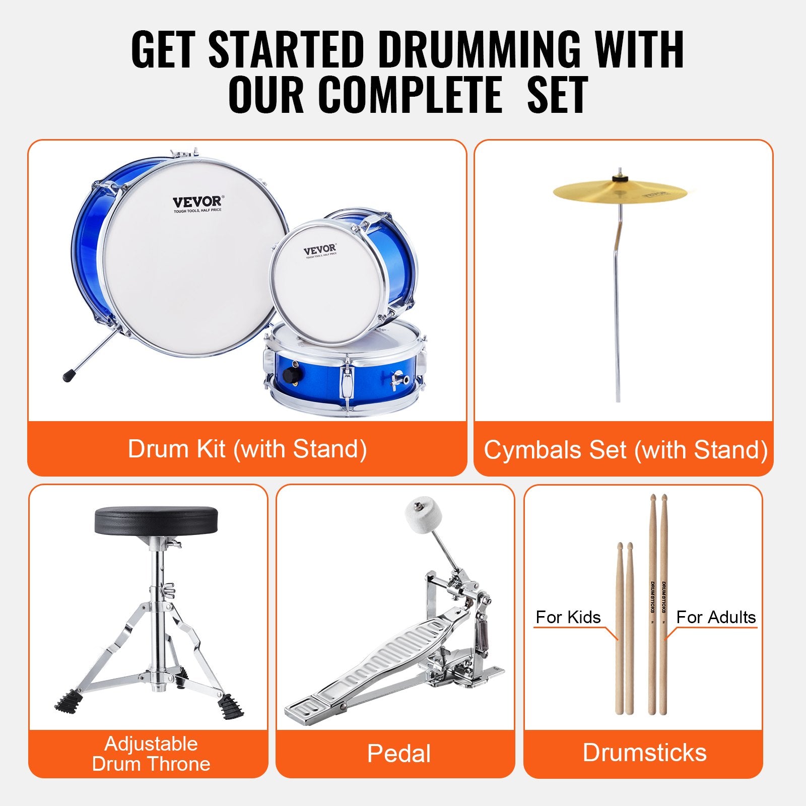 Kids Drum Set 3-Piece 355.6mm Beginner Kit Throne Cymbal Pedal Drumsticks