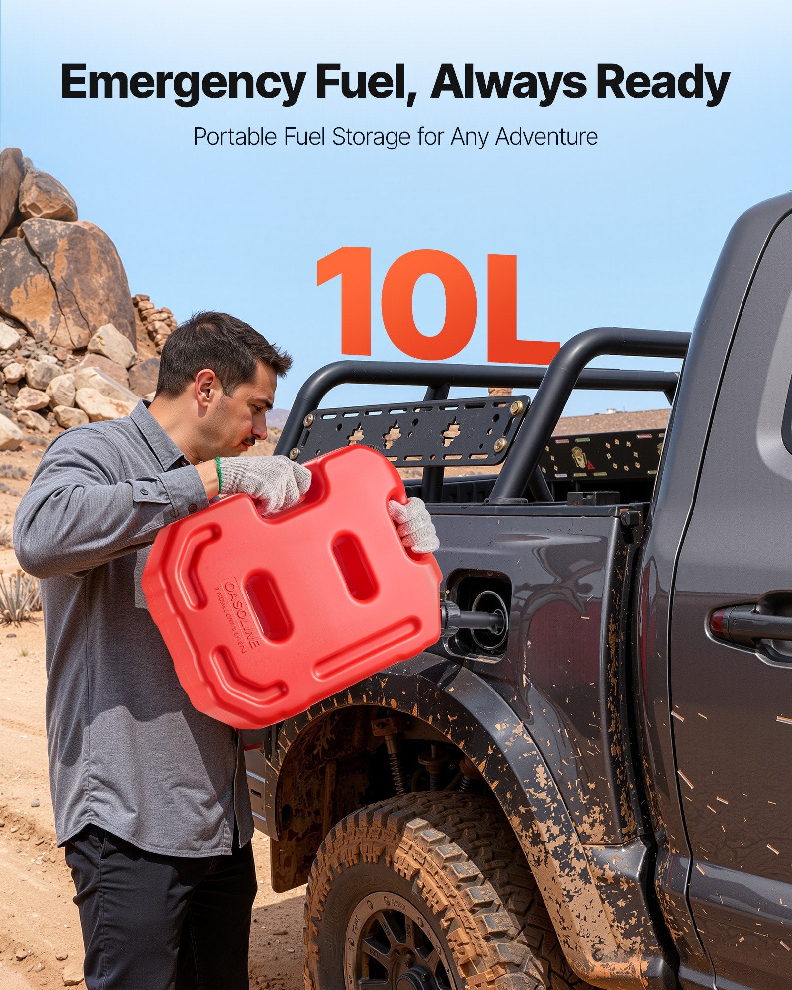Fuel Container 10L Red Gas Can with Spout, Lockable Bracket, Leak-Proof Portable