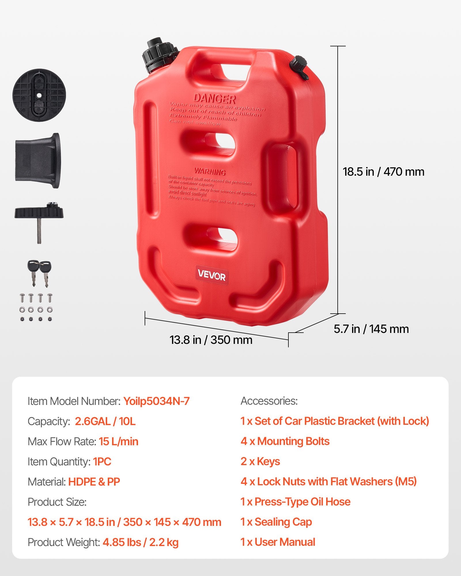 Fuel Container 10L Red Gas Can with Spout, Lockable Bracket, Leak-Proof Portable