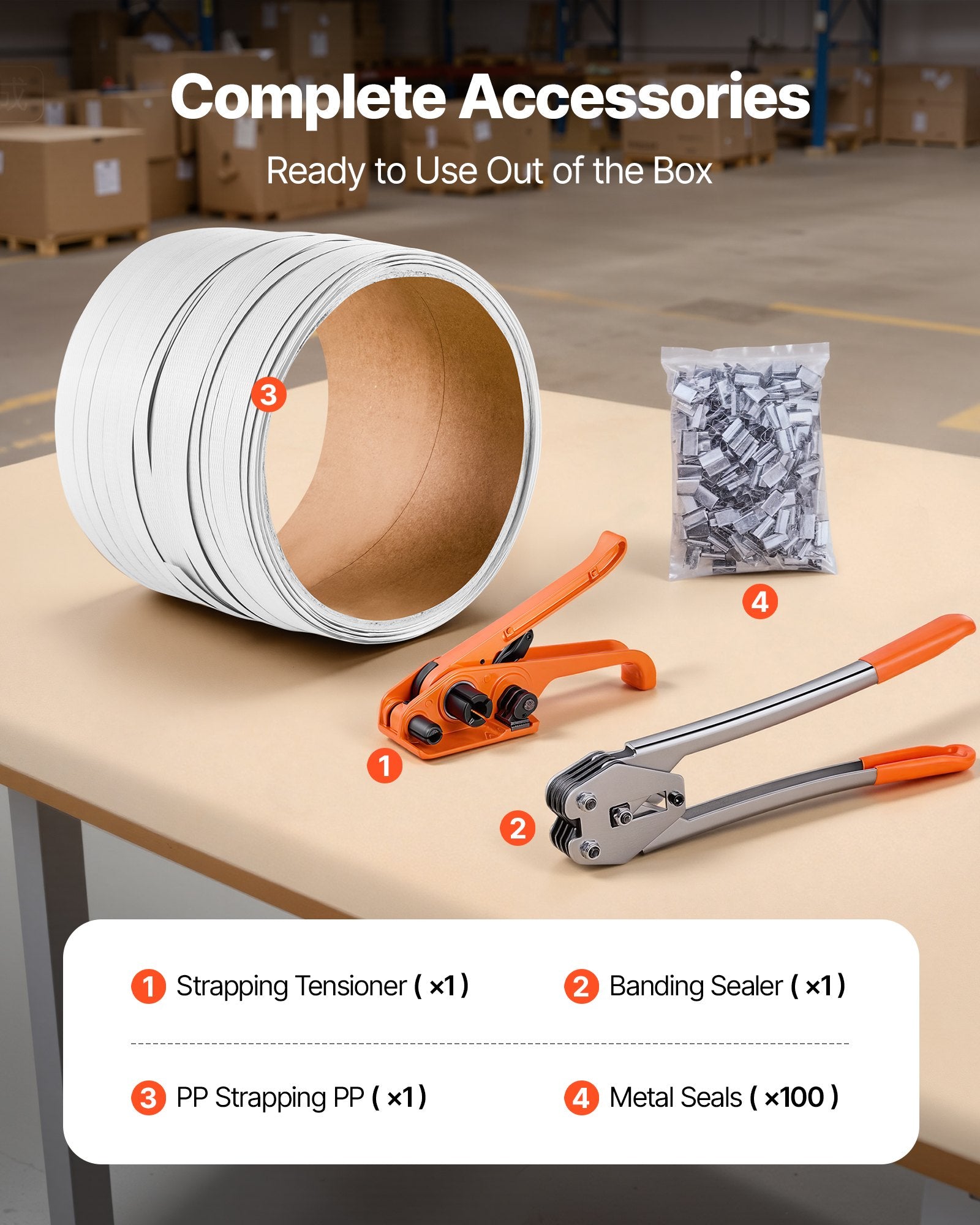 Banding Strapping Kit Heavy Duty Sealer with 100m PP Band 100 Metal Seals Orange