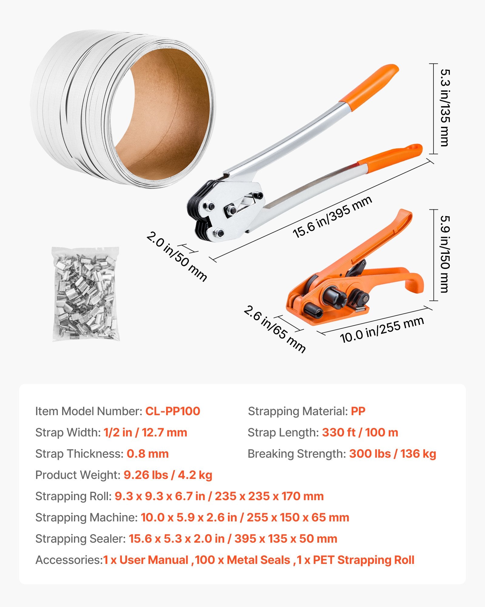 Banding Strapping Kit Heavy Duty Sealer with 100m PP Band 100 Metal Seals Orange