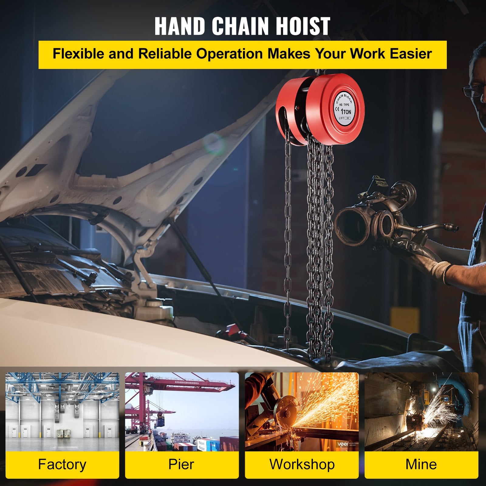 Hand Chain Hoist 1 Ton 2200lbs 10ft Manual Chain Block Industrial Steel Red