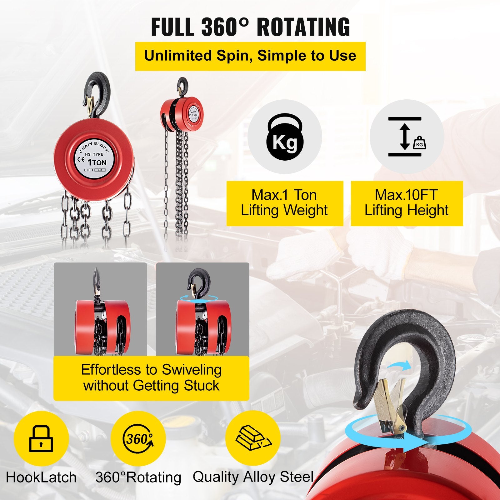 Hand Chain Hoist 1 Ton 2200lbs 10ft Manual Chain Block Industrial Steel Red