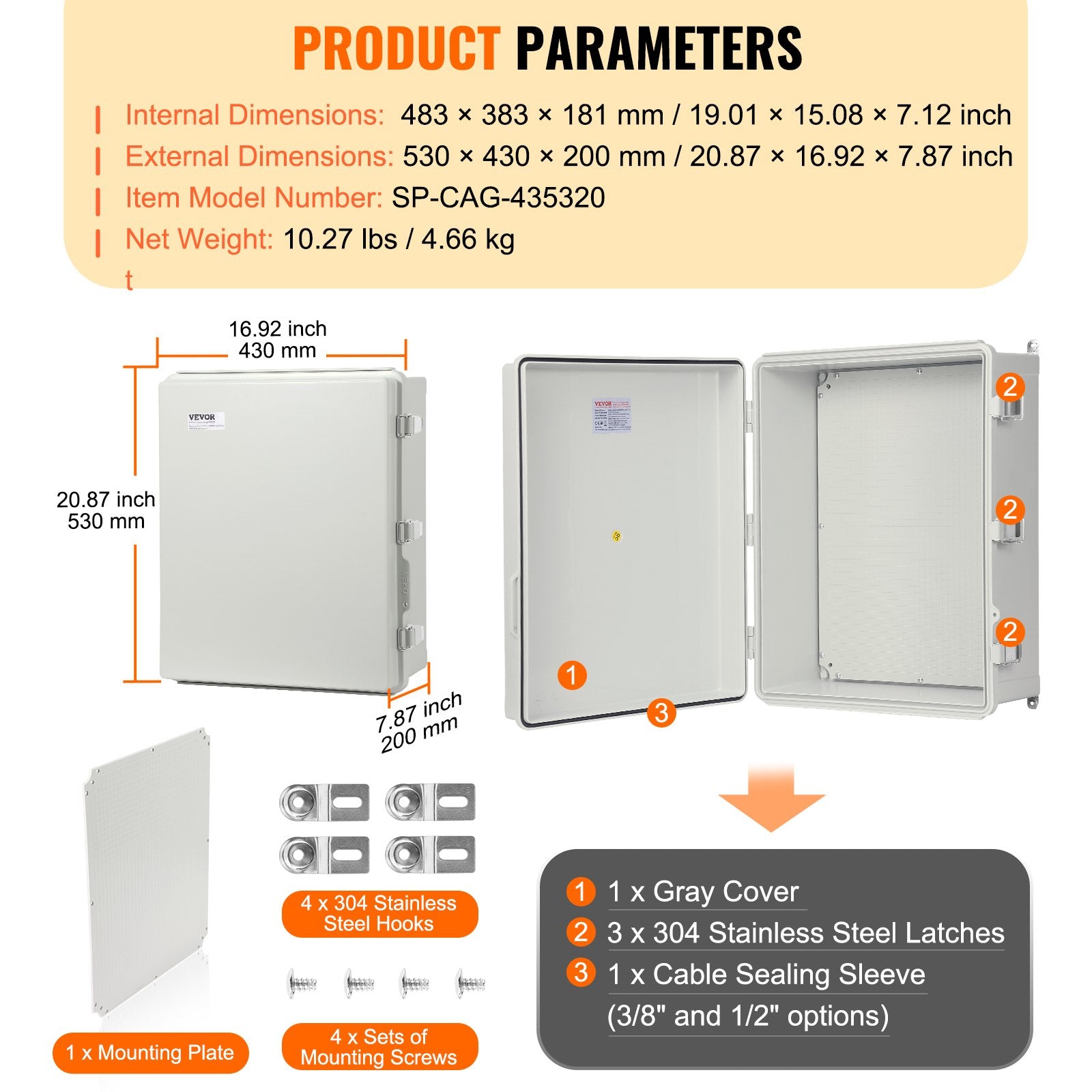 Outdoor Electrical Junction Box 530x430x200mm ABS IP67 Waterproof