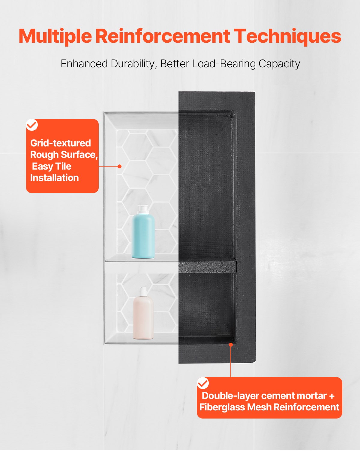 Shower Niche 40.6x71.1x10.2cm Recessed Wall Movable Divider Shelf Black