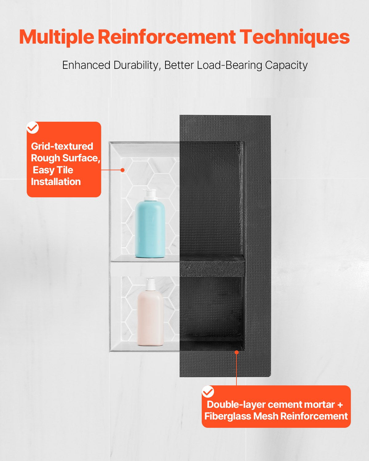 Shower Niche 40.6x50.8x10.2cm Recessed Wall Movable Divider Shelf Black
