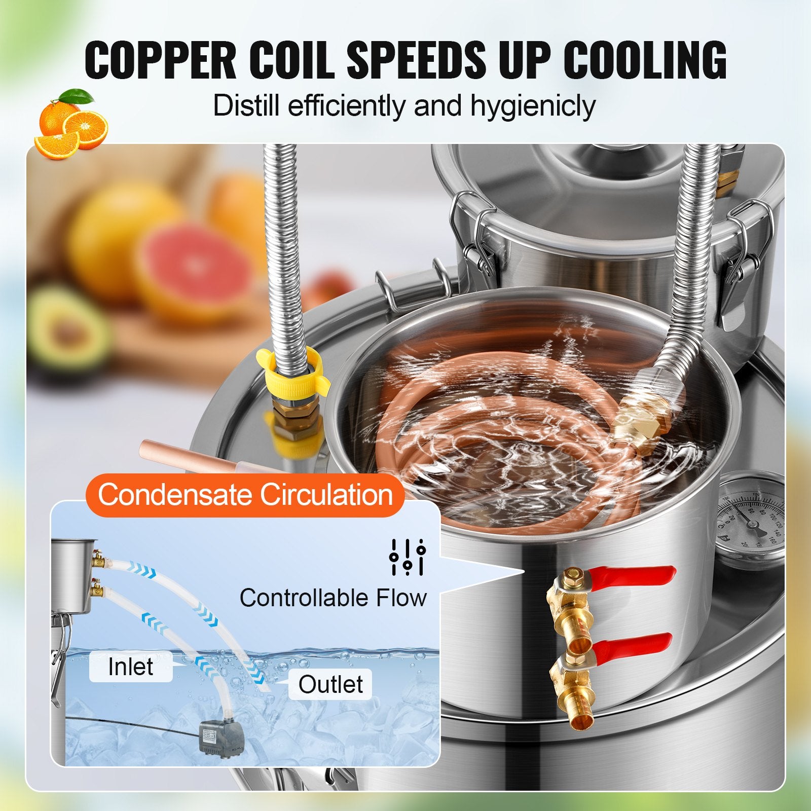 Alcohol Still 5Gal/19L Stainless Steel Distiller Copper Coil Dual Condenser