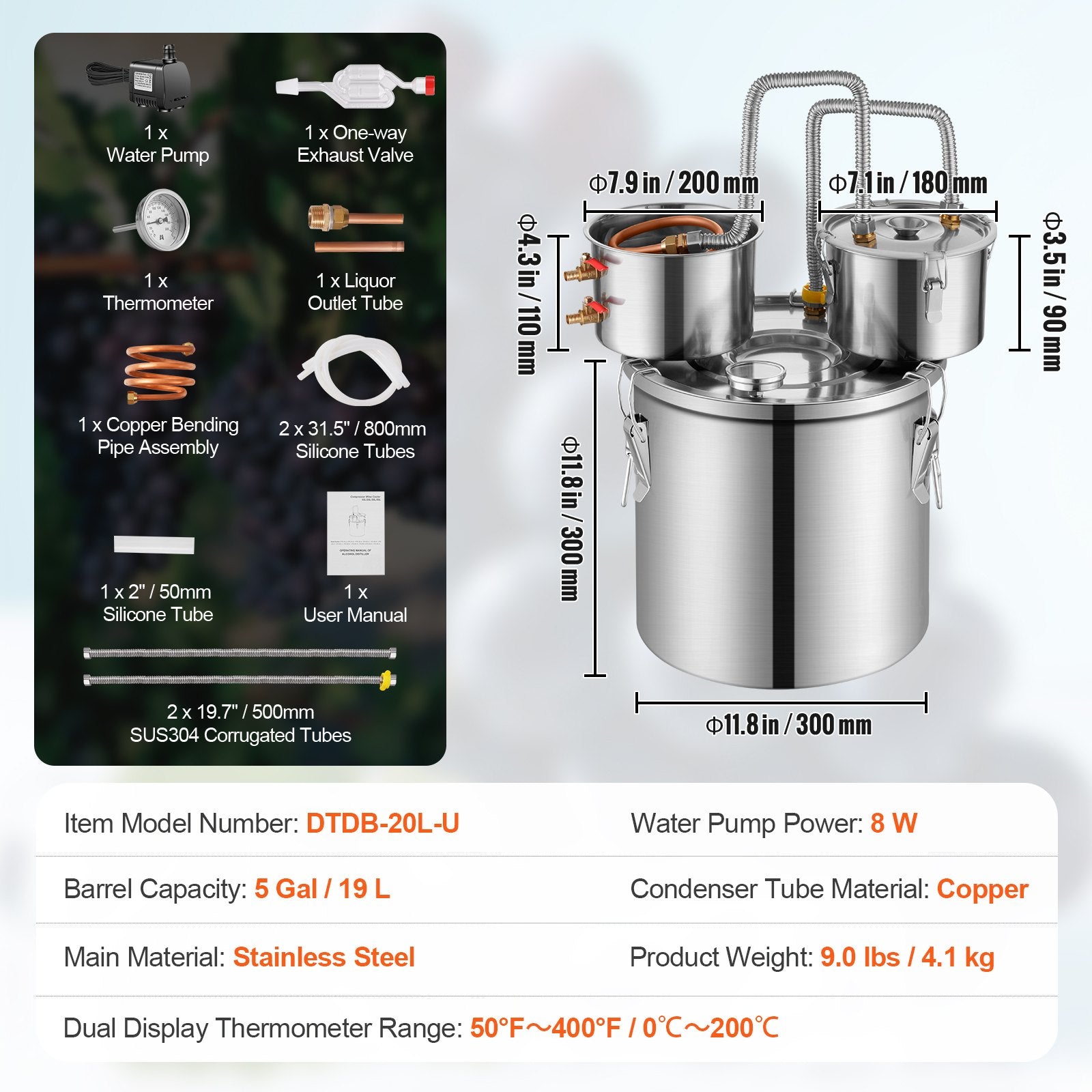 Alcohol Still 5Gal/19L Stainless Steel Distiller Copper Coil Dual Condenser