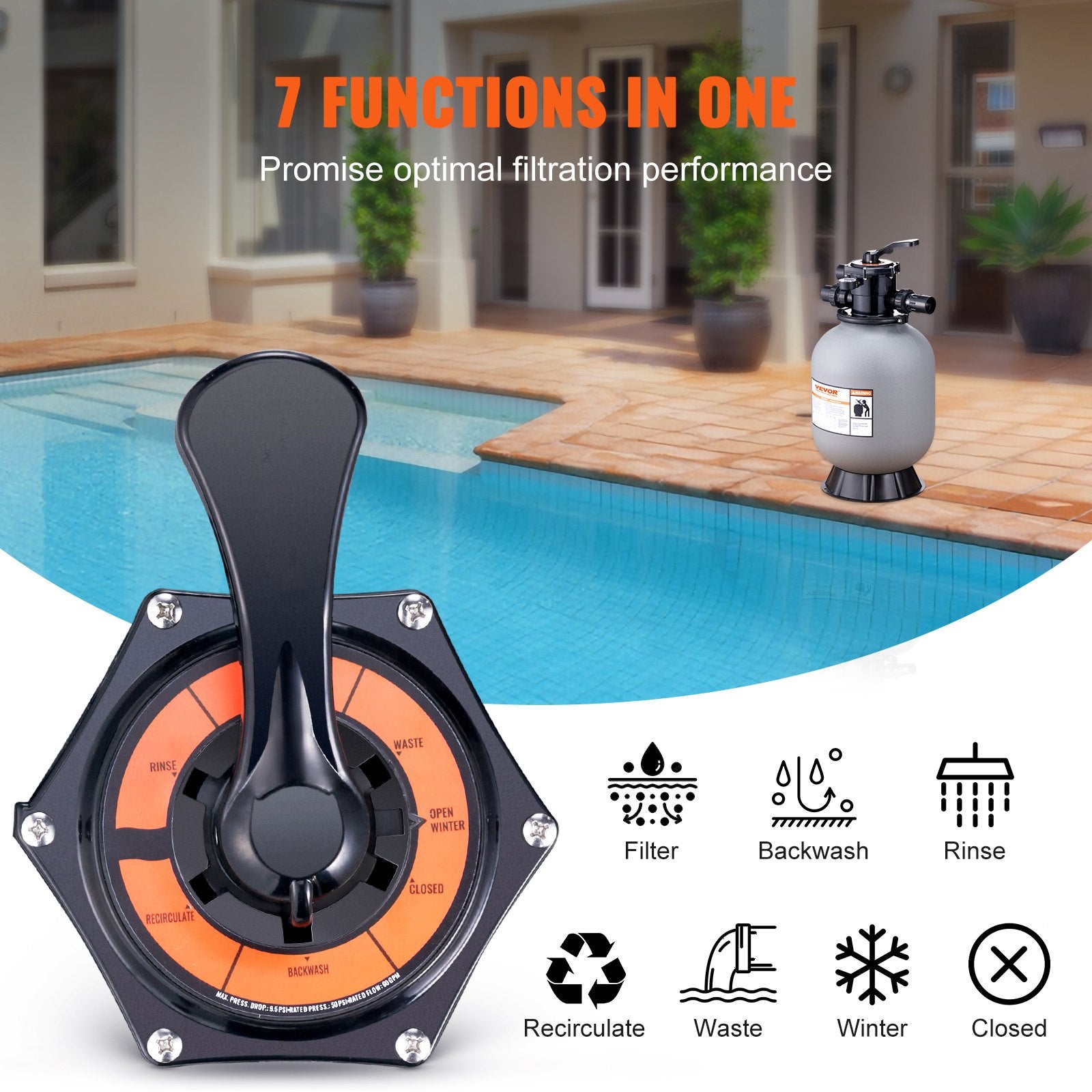 Sand Filter 406.4mm Up to 35GPM Above Ground Pool w/7-Way Multi-Port Valve