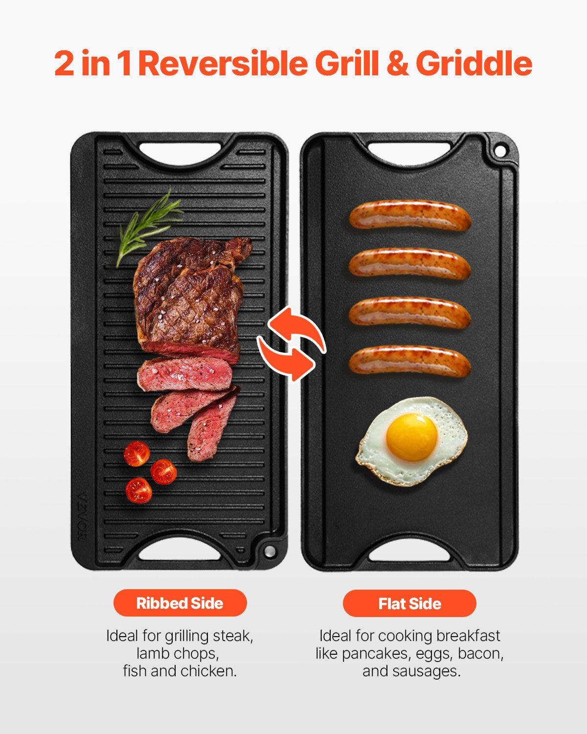 Reversible Grill/Griddle 20x10in Cast Iron Pre-Seasoned Pan with Handle, Black