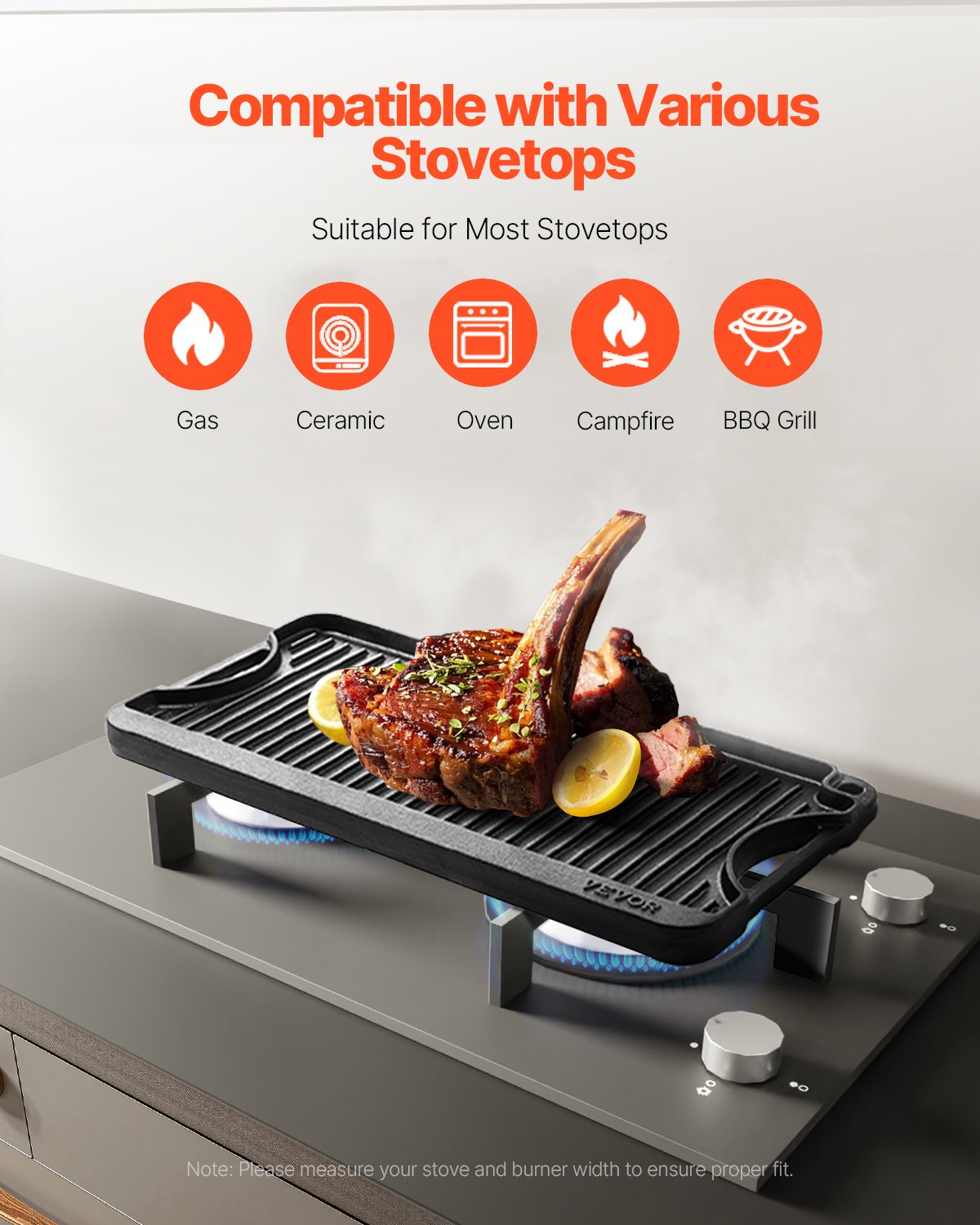 Reversible Grill/Griddle 20x10in Cast Iron Pre-Seasoned Pan with Handle, Black