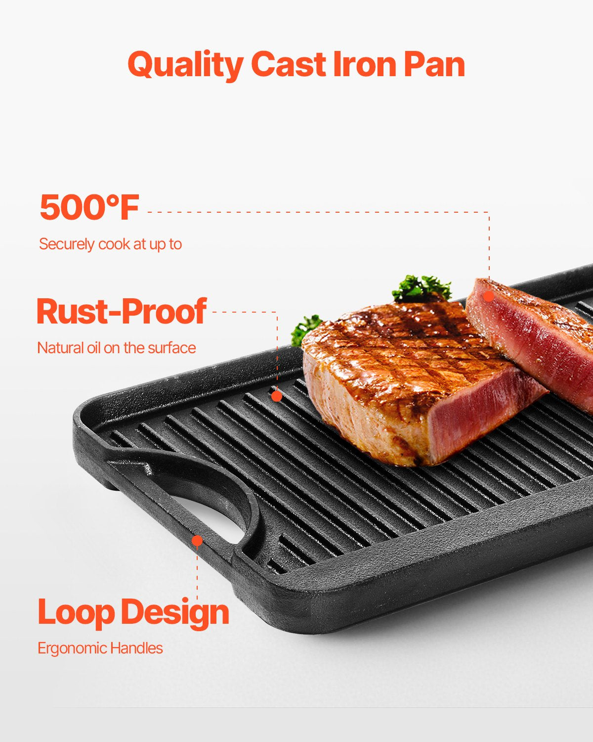 Reversible Grill/Griddle 20x10in Cast Iron Pre-Seasoned Pan with Handle, Black