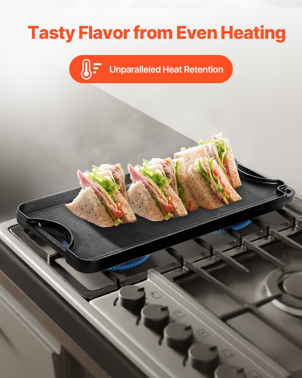 Reversible Grill/Griddle 20x10in Cast Iron Pre-Seasoned Pan with Handle, Black