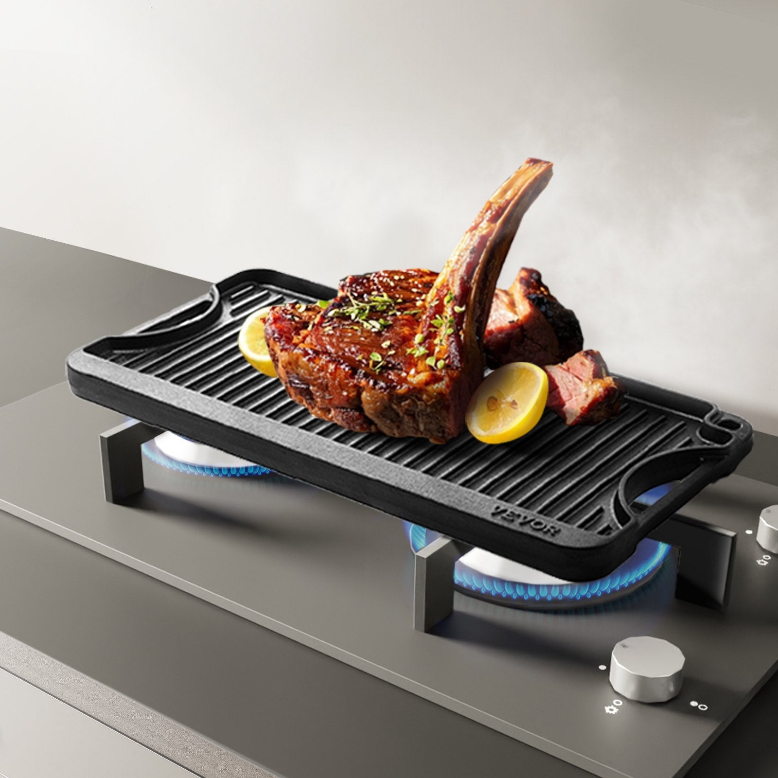 Reversible Grill/Griddle 20x10in Cast Iron Pre-Seasoned Pan with Handle, Black