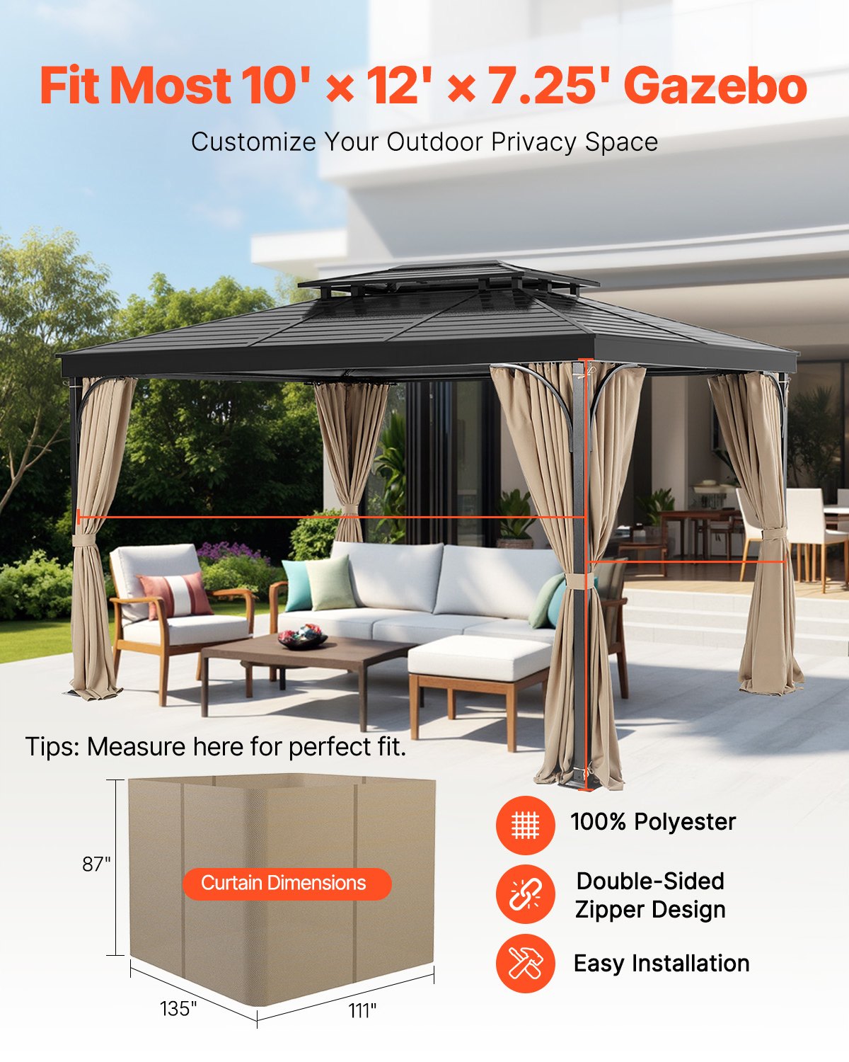 Gazebo Curtains Outdoor 12'x10'x7.3' 4-Panel Privacy Curtains Khaki Only