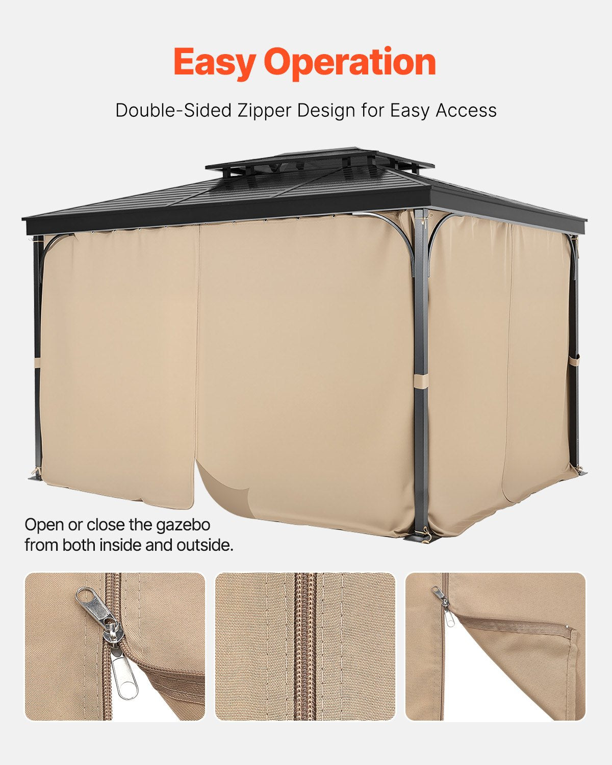 Gazebo Curtains Outdoor 12'x10'x7.3' 4-Panel Privacy Curtains Khaki Only