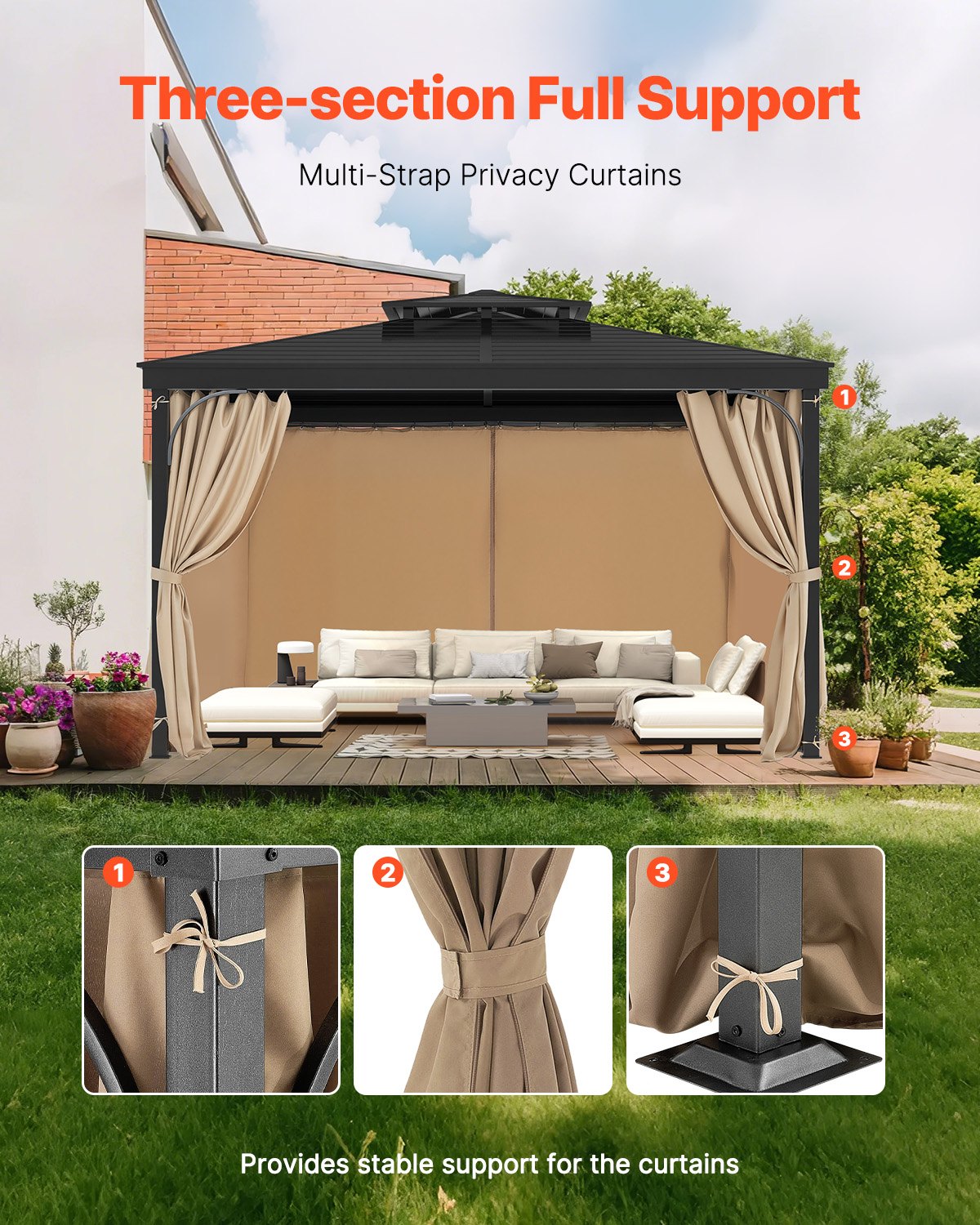 Gazebo Curtains Outdoor 12'x10'x7.3' 4-Panel Privacy Curtains Khaki Only