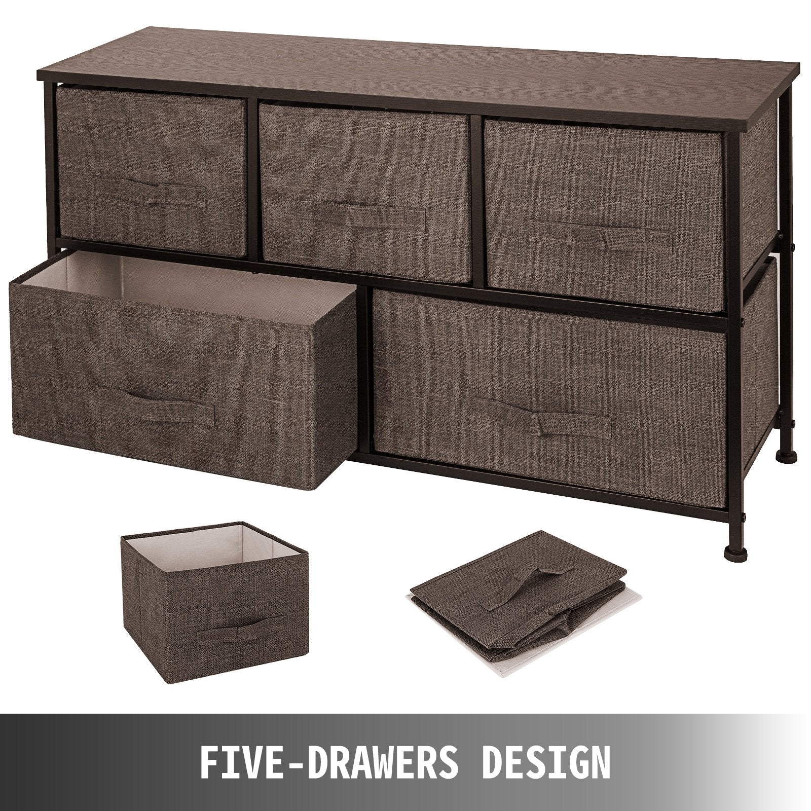 5 Drawer Fabric Dresser Storage Tower Steel Frame Cabinet Coffee
