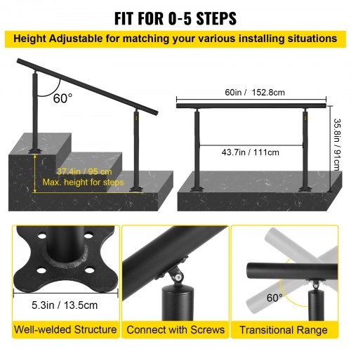Adjustable Outdoor Handrail 5ft Stair Railing Aluminum Black