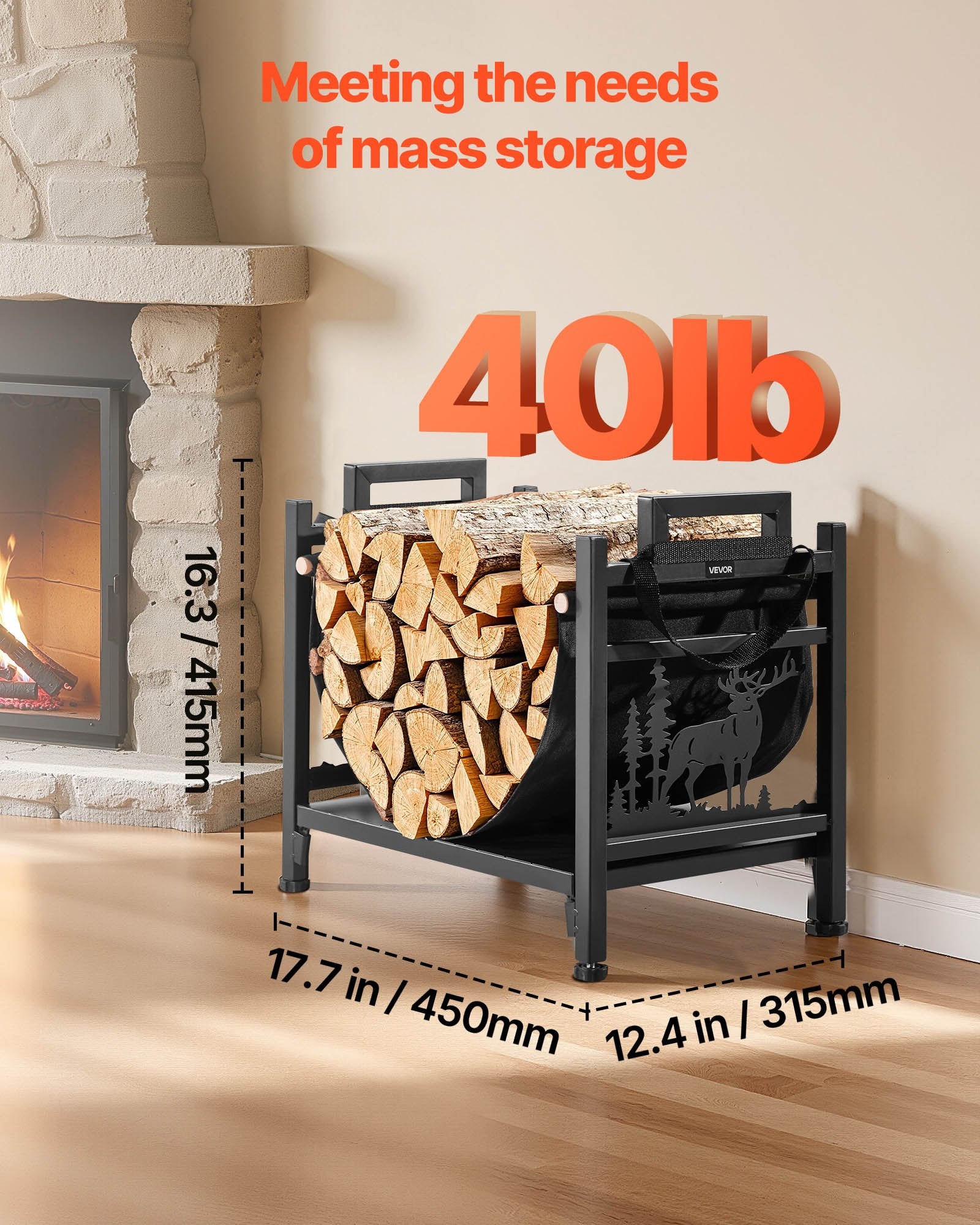 Indoor Firewood Rack 45cm Curved Log Holder Canvas Carrier Steel Heavy Duty
