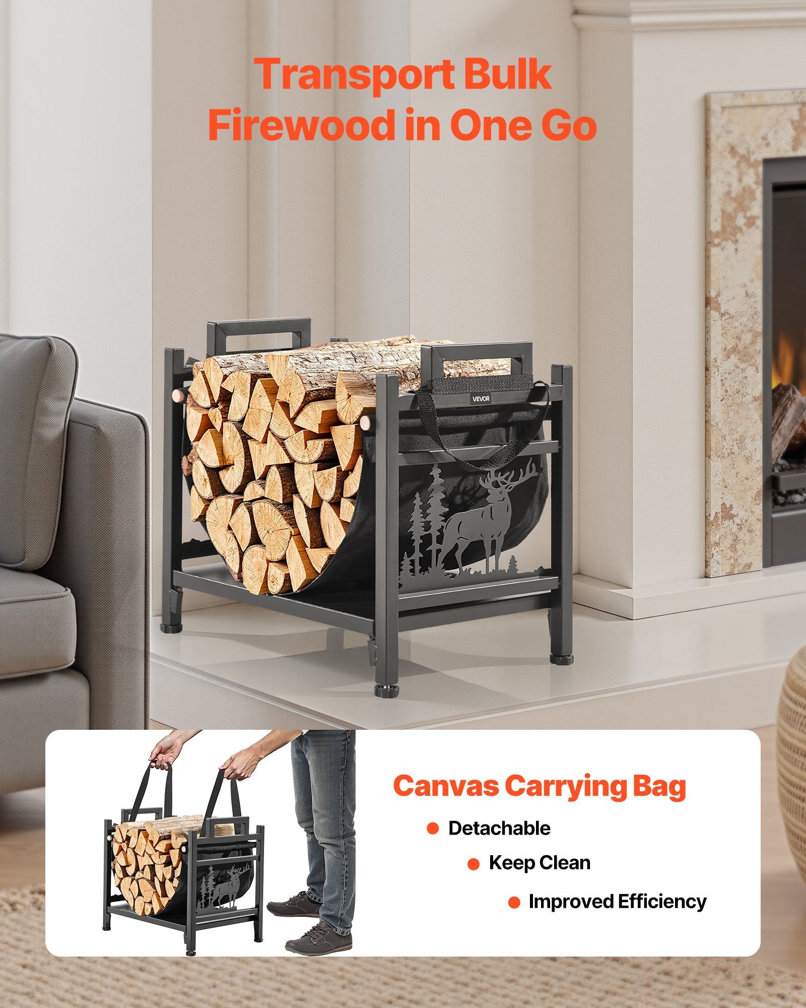 Indoor Firewood Rack 45cm Curved Log Holder Canvas Carrier Steel Heavy Duty