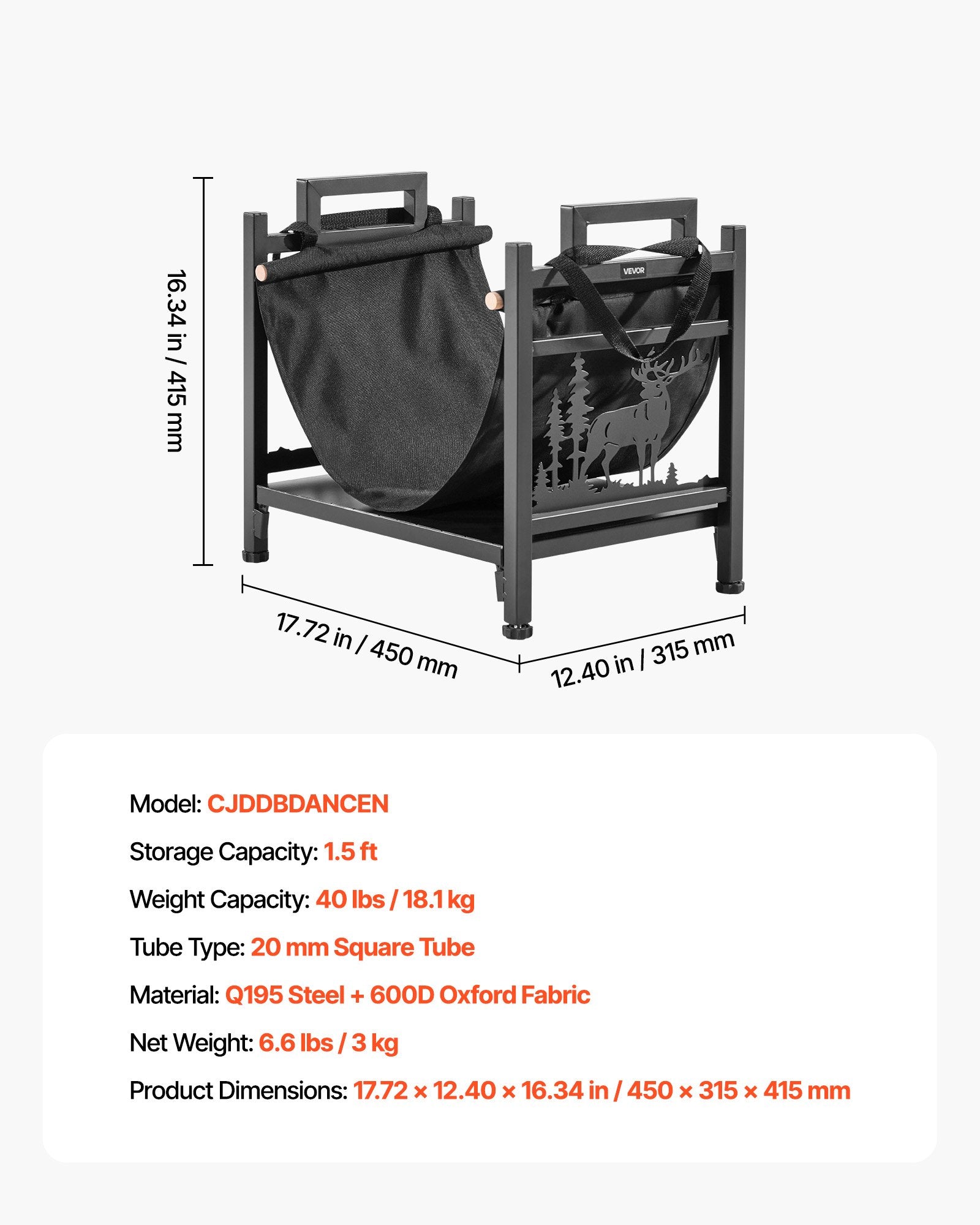 Indoor Firewood Rack 45cm Curved Log Holder Canvas Carrier Steel Heavy Duty