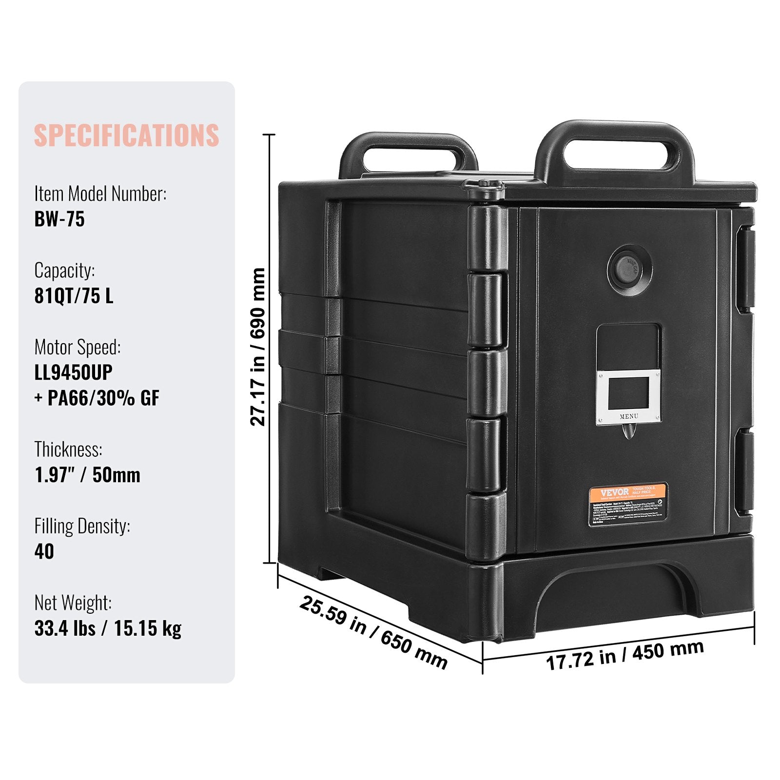 Insulated Food Pan Carrier, 75L Hot Box for Catering, Front Loading Food Warmer