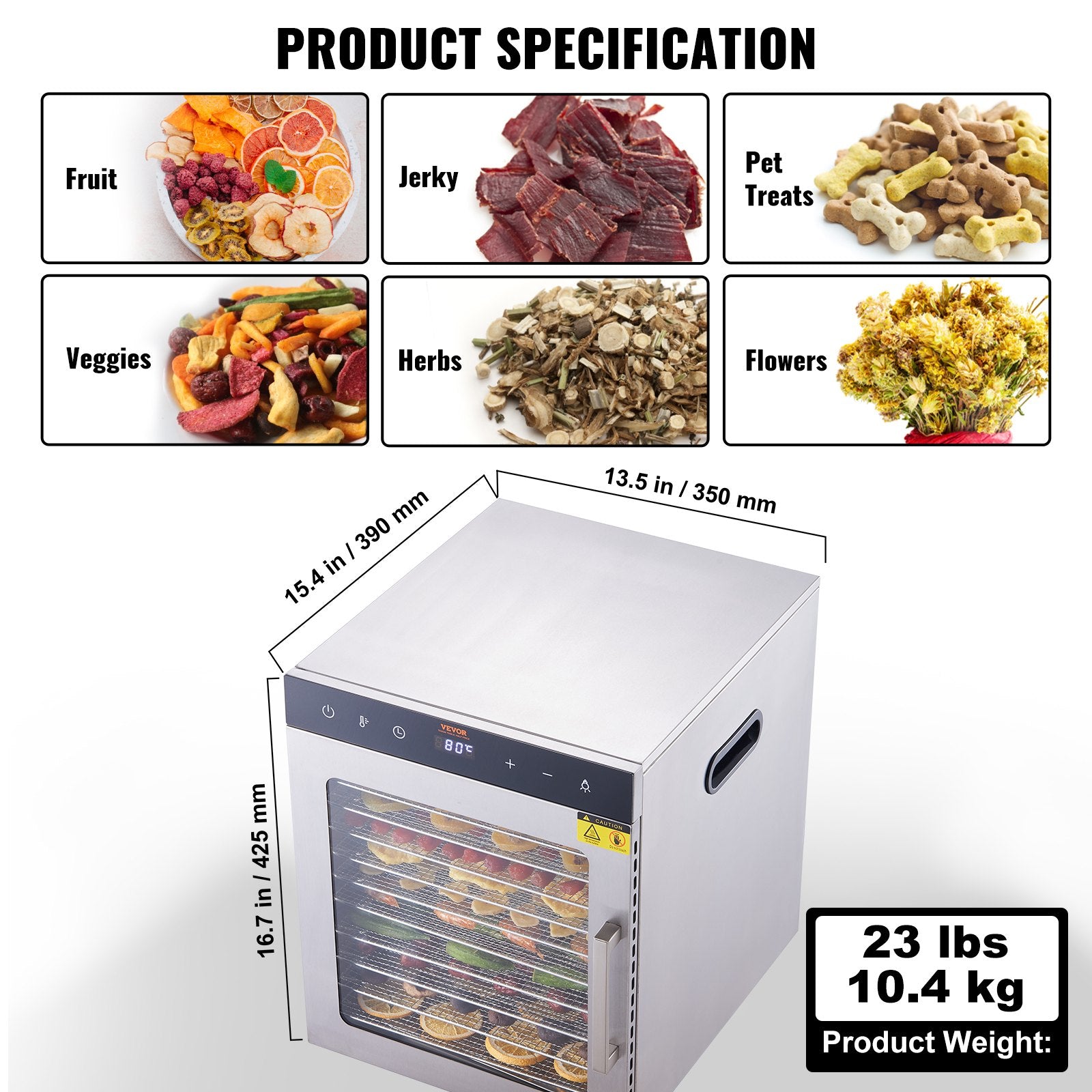 Food Dehydrator Machine 800W, 10 Stainless Steel Trays, Digital Timer & Temp