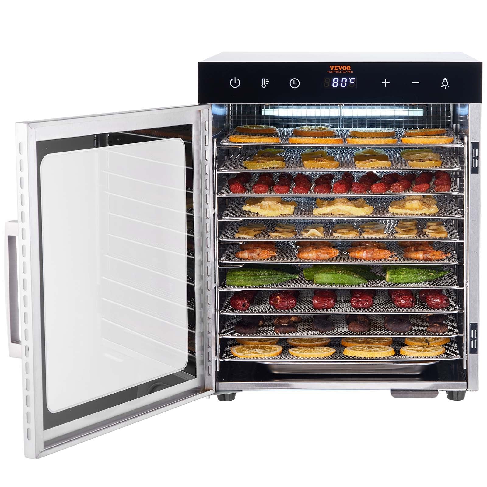 Food Dehydrator Machine 800W, 10 Stainless Steel Trays, Digital Timer & Temp