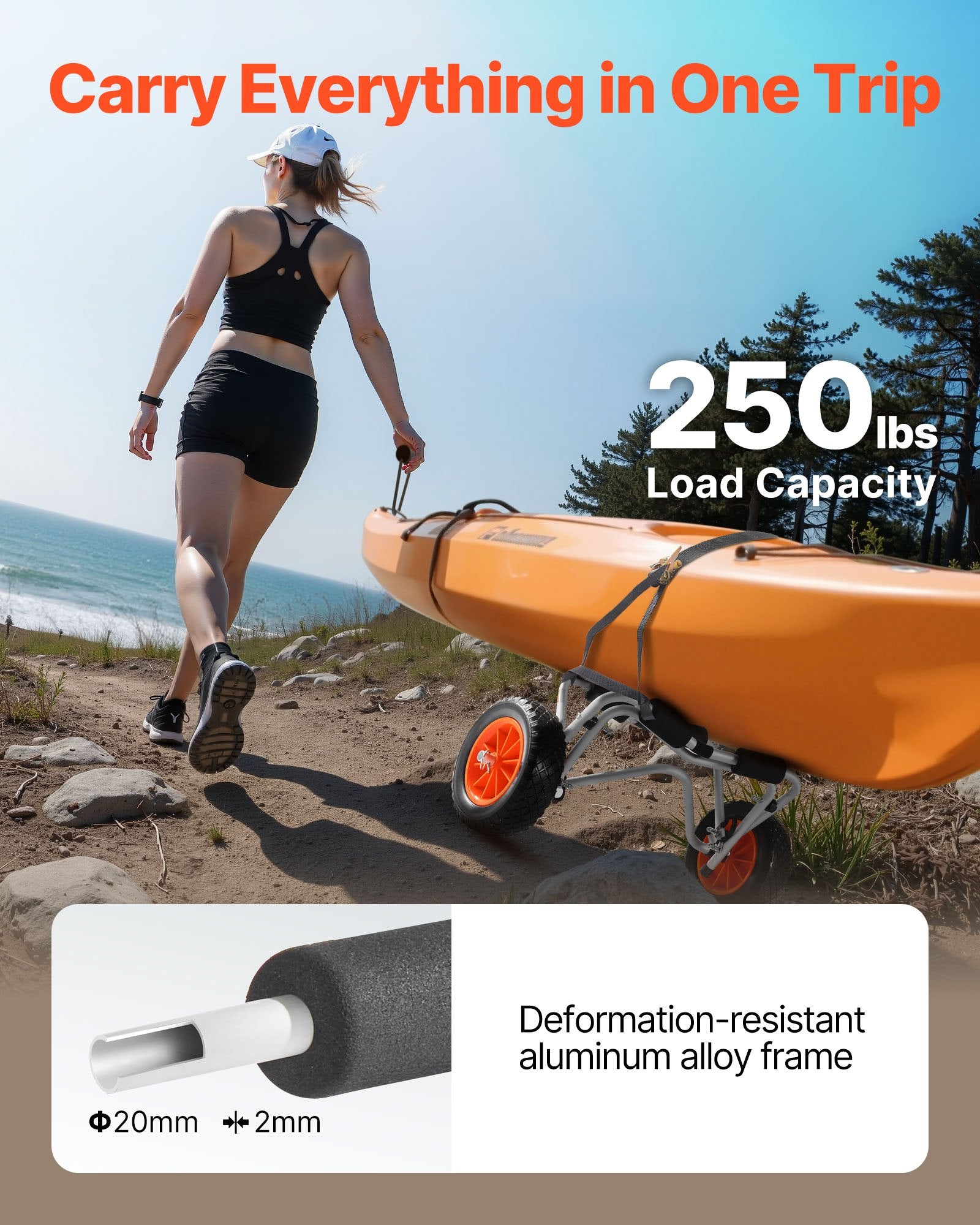 Kayak Cart 113.4kg Foldable Trolley 25.4cm Rubber Tires Ratchet Strap Kayaks