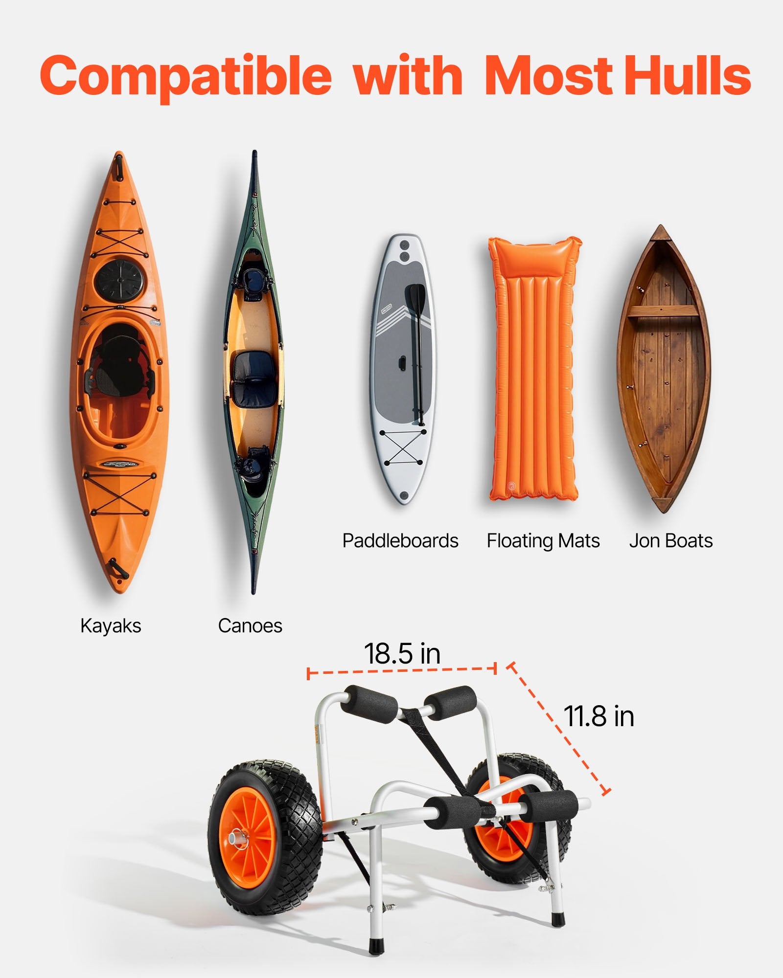 Kayak Cart 113.4kg Foldable Trolley 25.4cm Rubber Tires Ratchet Strap Kayaks