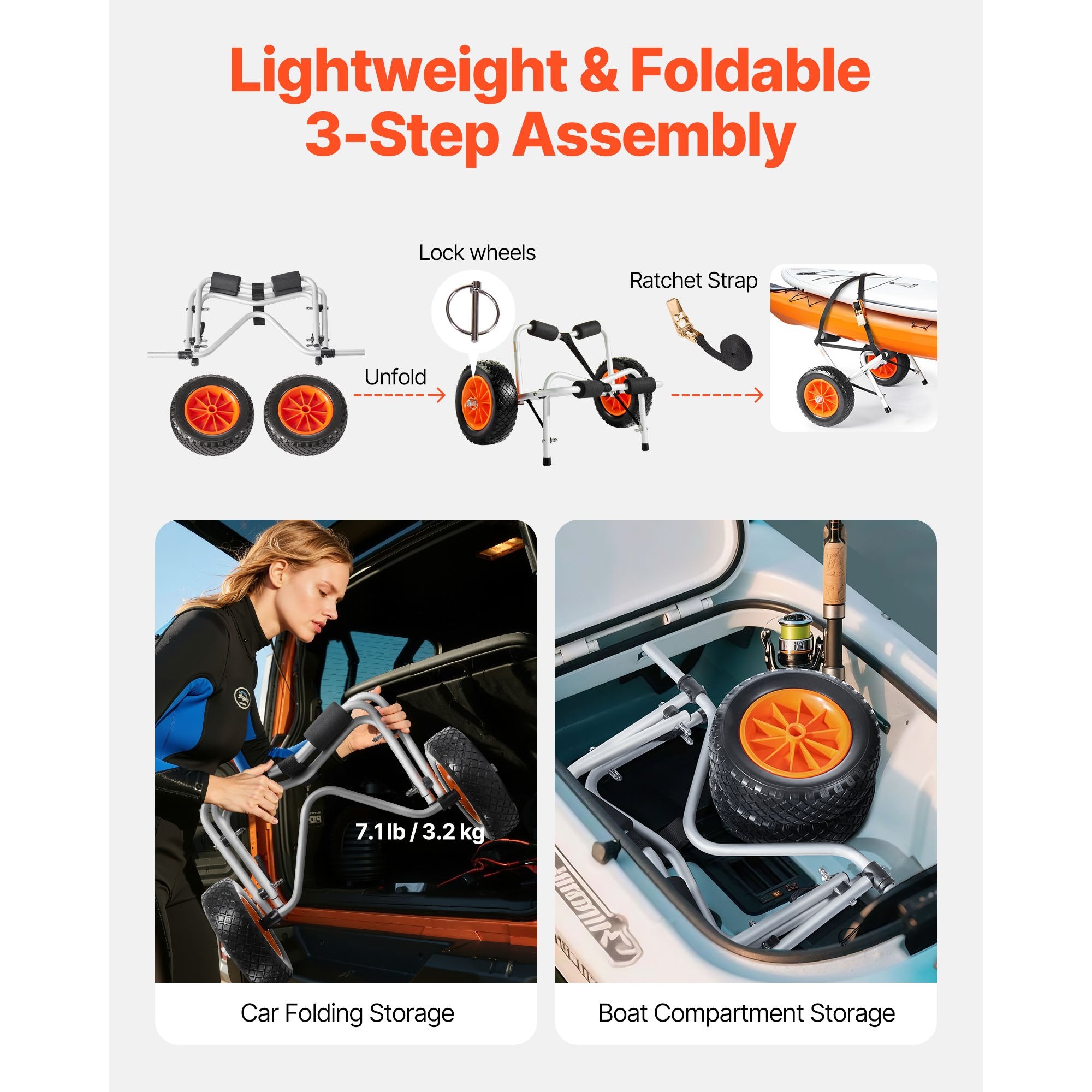 Kayak Cart 113.4kg Foldable Trolley 25.4cm Rubber Tires Ratchet Strap Kayaks