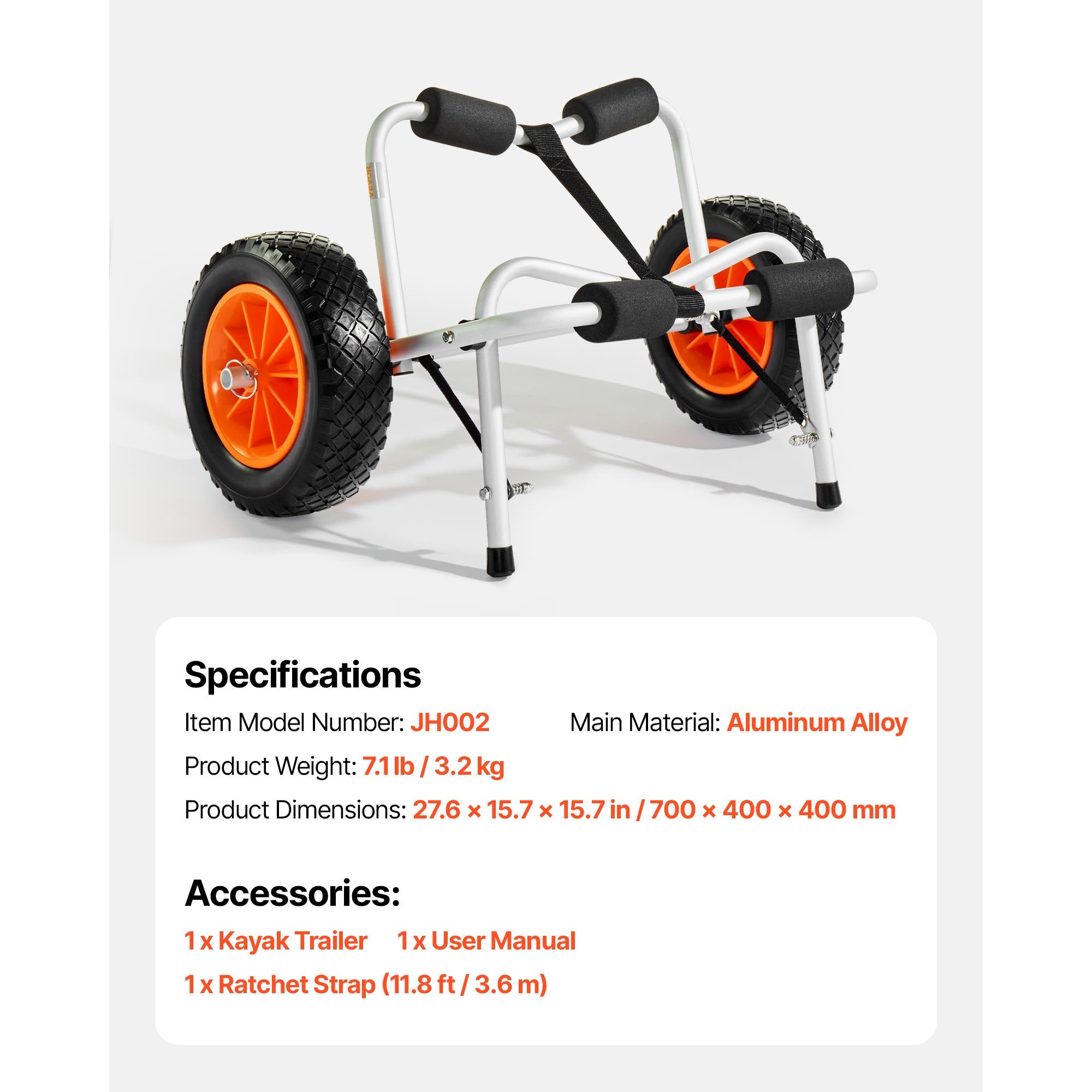 Kayak Cart 113.4kg Foldable Trolley 25.4cm Rubber Tires Ratchet Strap Kayaks