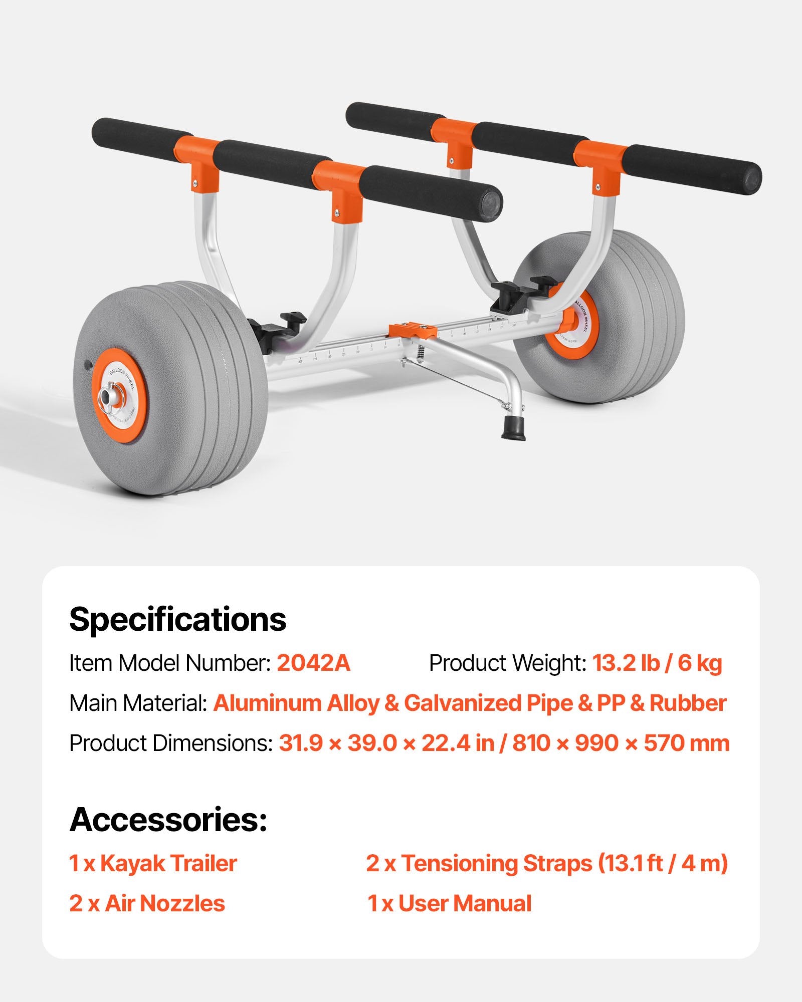 Kayak Cart 158.8kg Trolley 30.5cm Inflatable Tires 2 Straps Kayaks Canoes