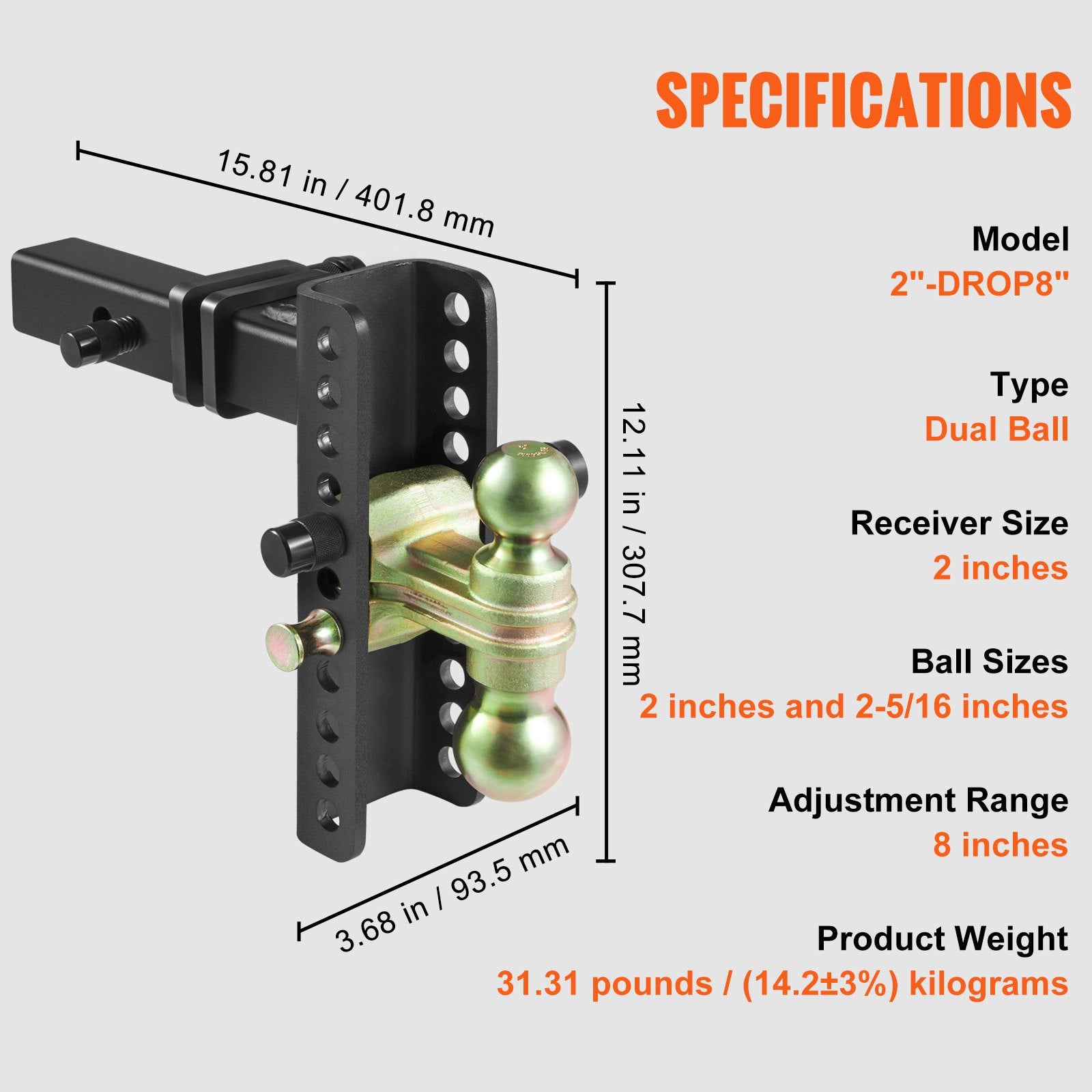 Trailer Hitch Adjustable 203.2mm Drop 165.1mm Rise 50.8mm Receiver Tow Balls