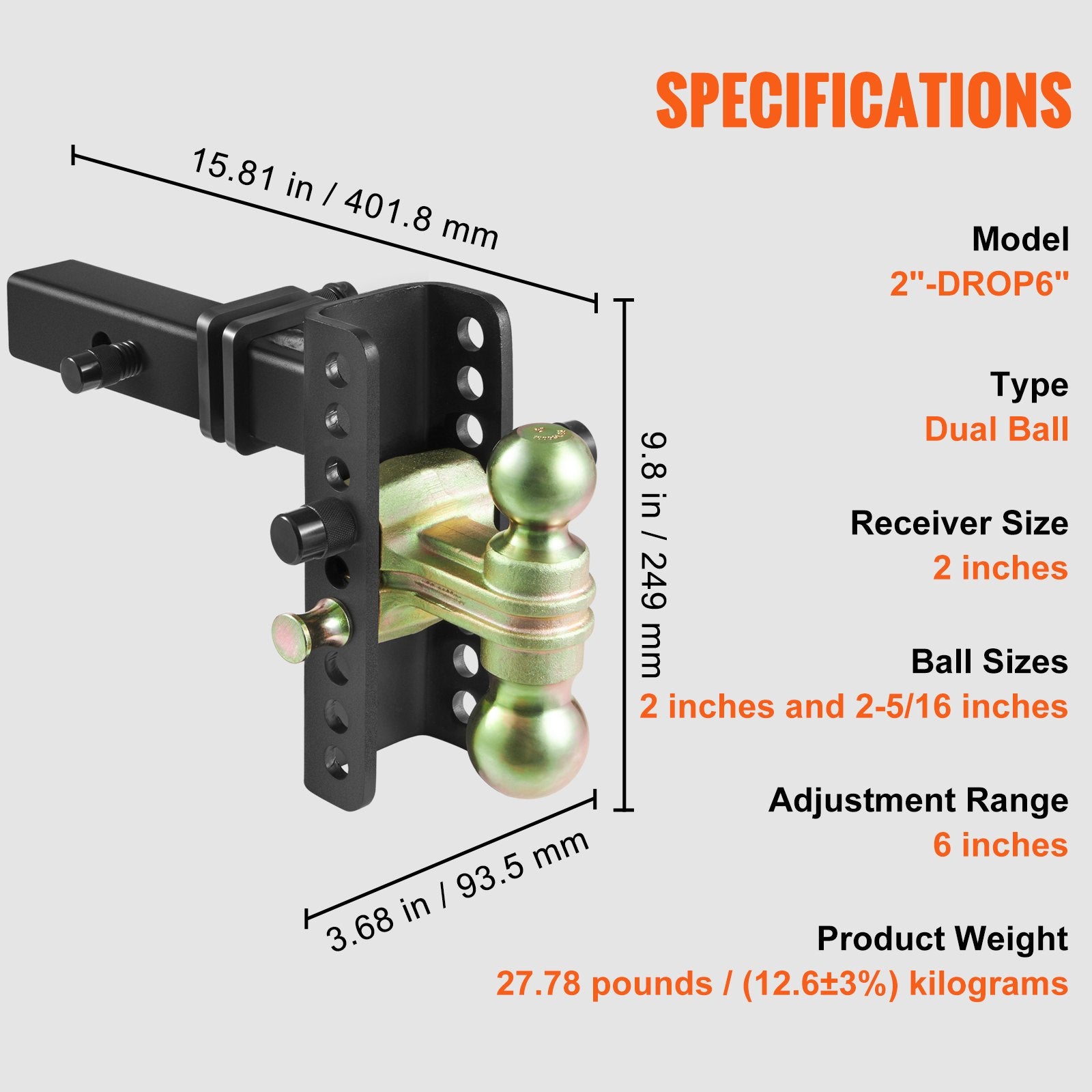 Trailer Hitch Adjustable 152.4mm Drop 114.3mm Rise 50.8mm Receiver Tow Balls