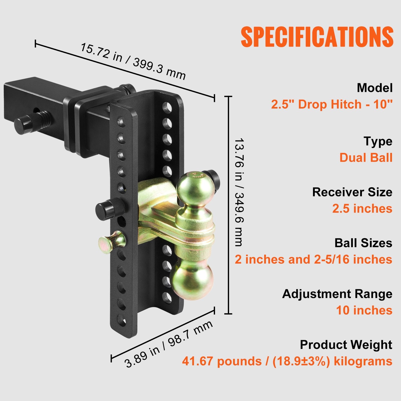 Adjustable Trailer Hitch 25cm Drop 21.59cm Rise with 6.35cm Receiver & Tow Balls