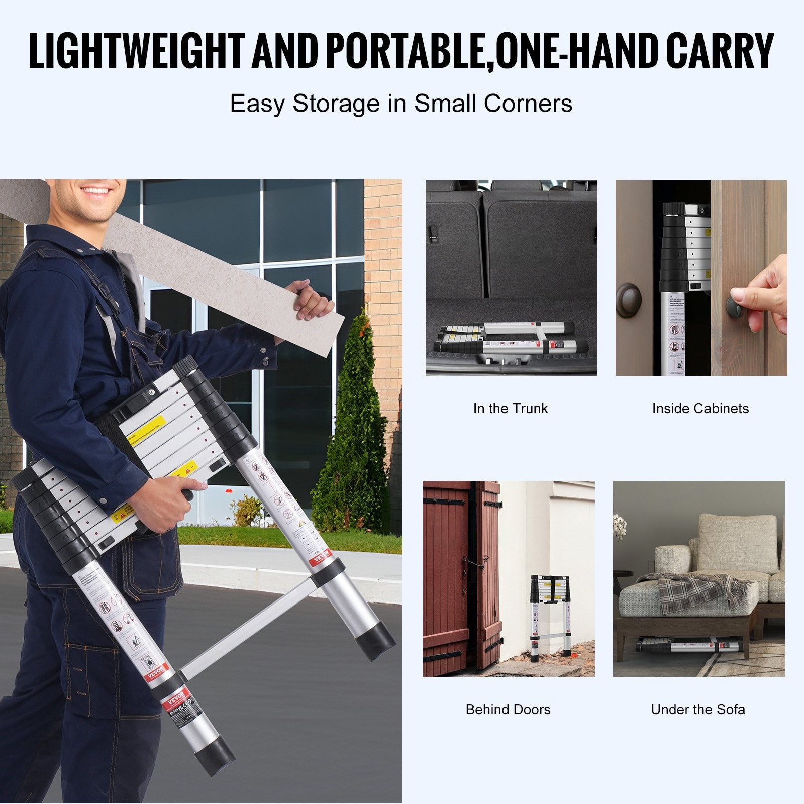 Telescoping Ladder 8.5FT Aluminum Extension One-Button Retraction 375LBS