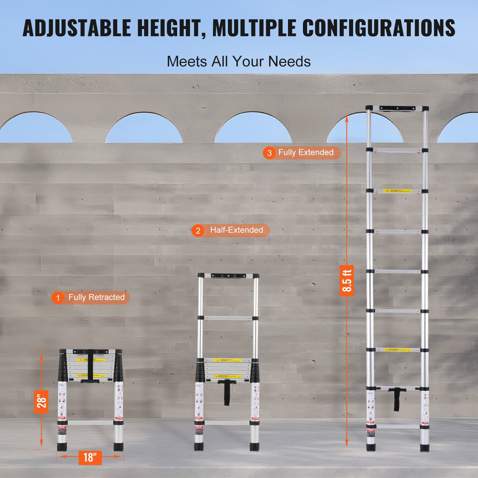Telescoping Ladder 8.5FT Aluminum Extension One-Button Retraction 375LBS